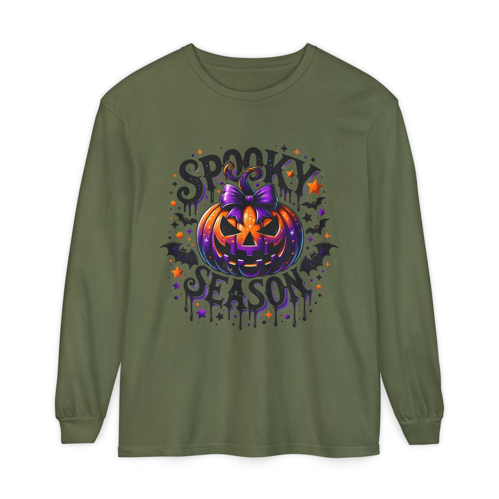 Spooky Season Long Sleeve Tee — Purple Jack-O'-Lantern Halloween Shirt