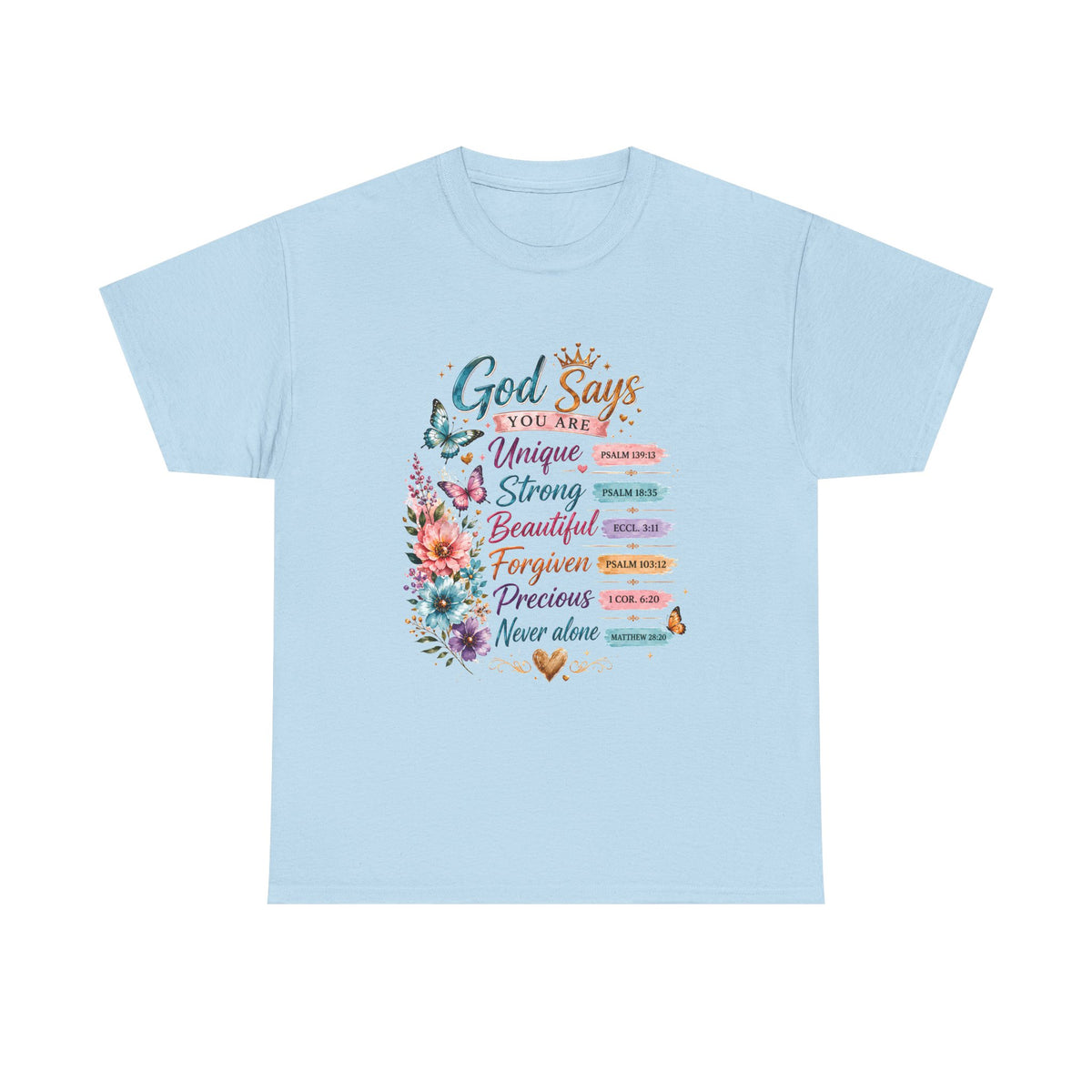 God Says Inspirational Floral T‑Shirt — You Are Unique, Strong, Beautiful Faith Tee