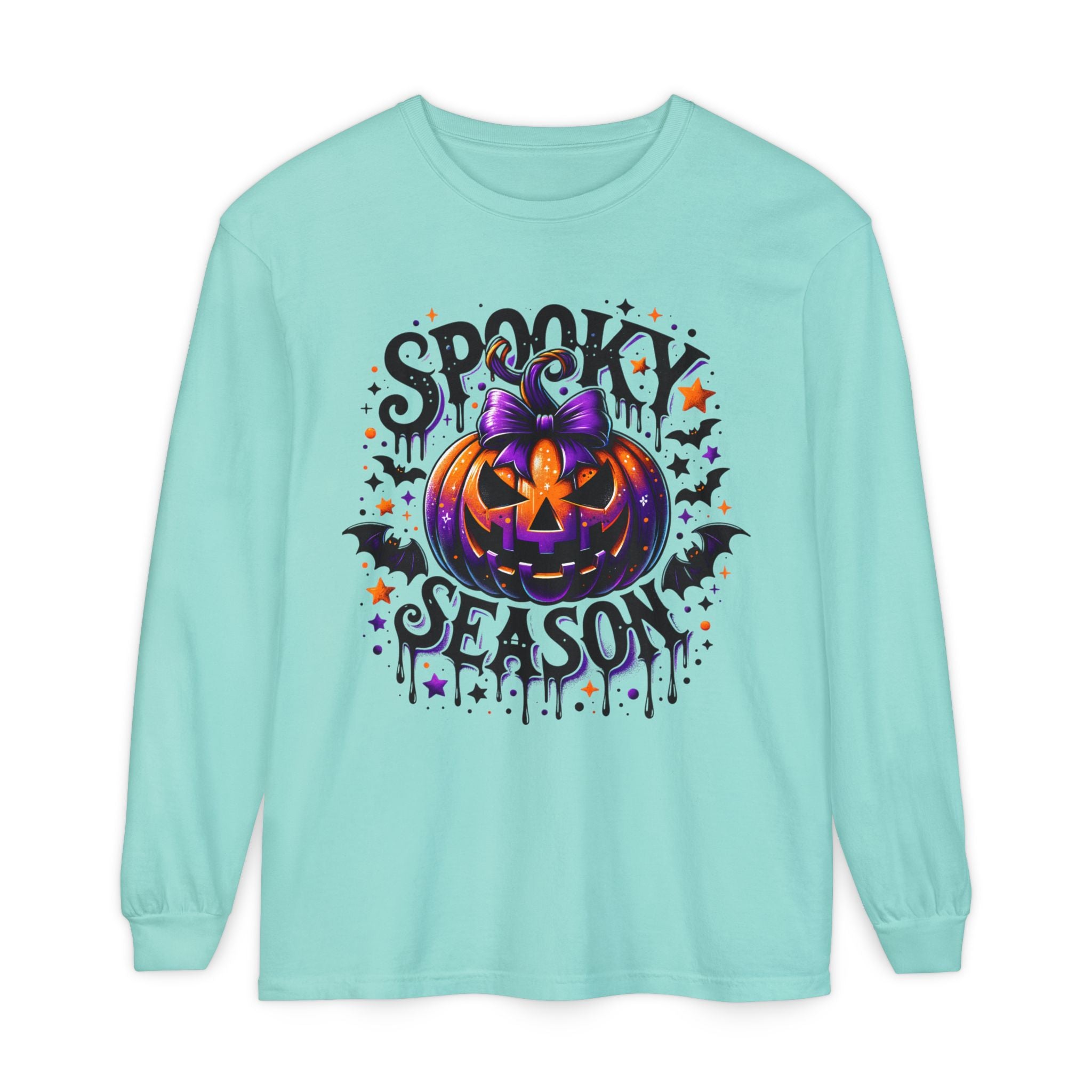 Spooky Season Long Sleeve Tee — Purple Pumpkin Halloween Design