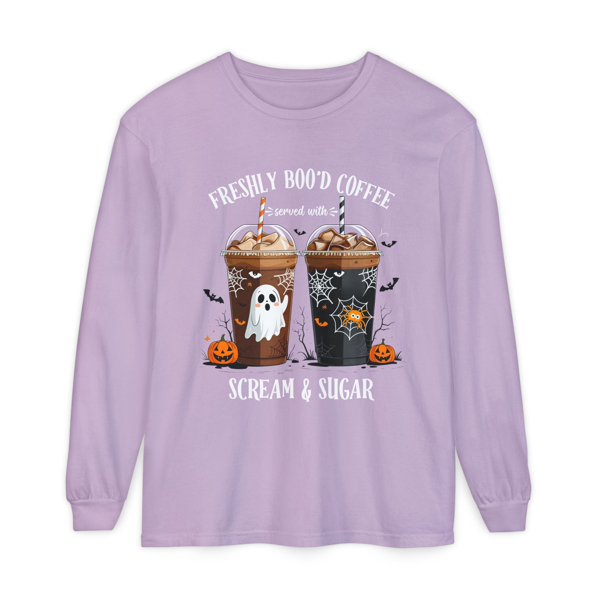 Halloween Coffee Long Sleeve Tee — "Freshly Boo'd Coffee, Scream & Sugar"