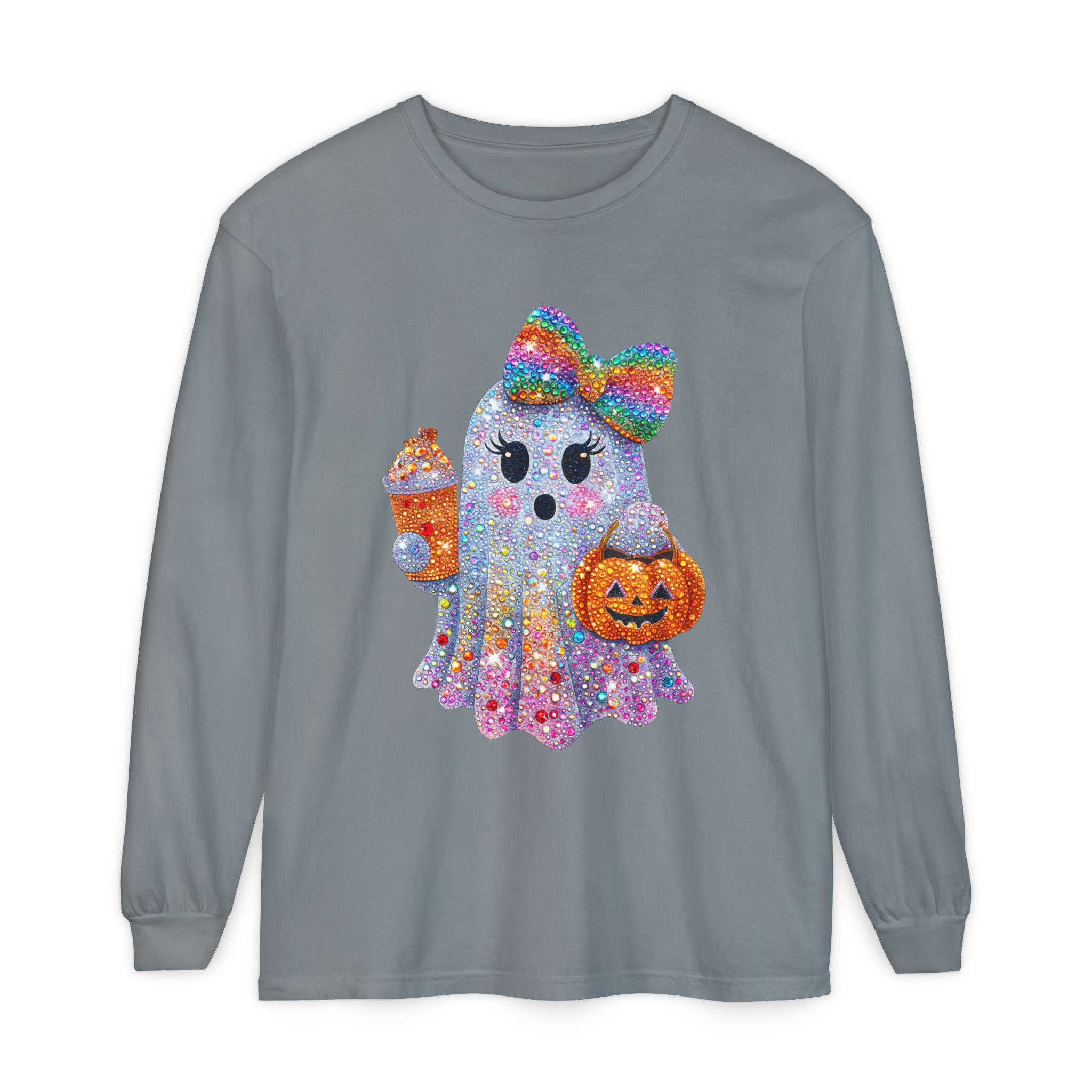 Sparkle Ghost Long Sleeve Tee — Cute Halloween Pumpkin & Candy Design
