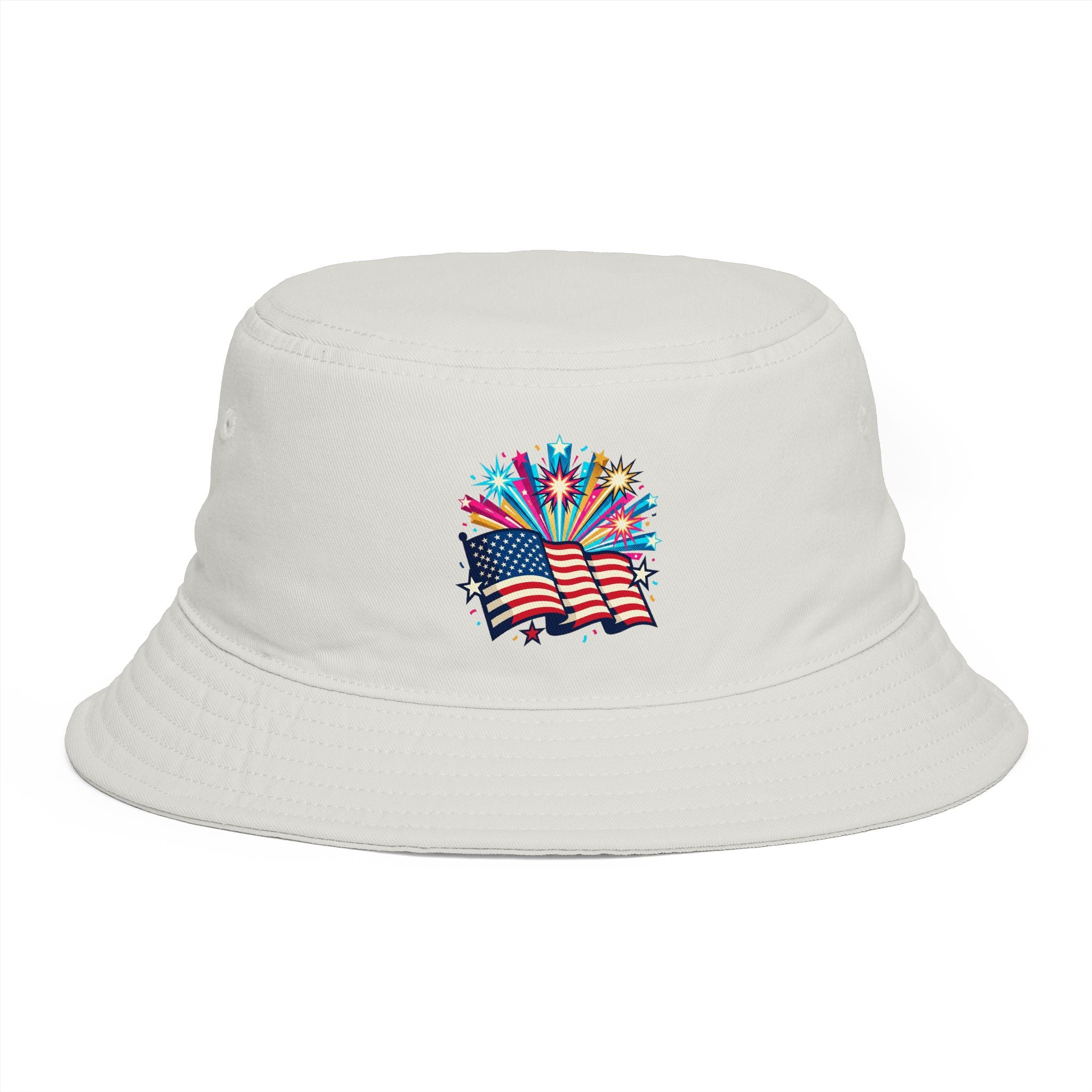 Patriotic Fireworks American Flag Bucket Hat — 4th of July USA Celebration Hat