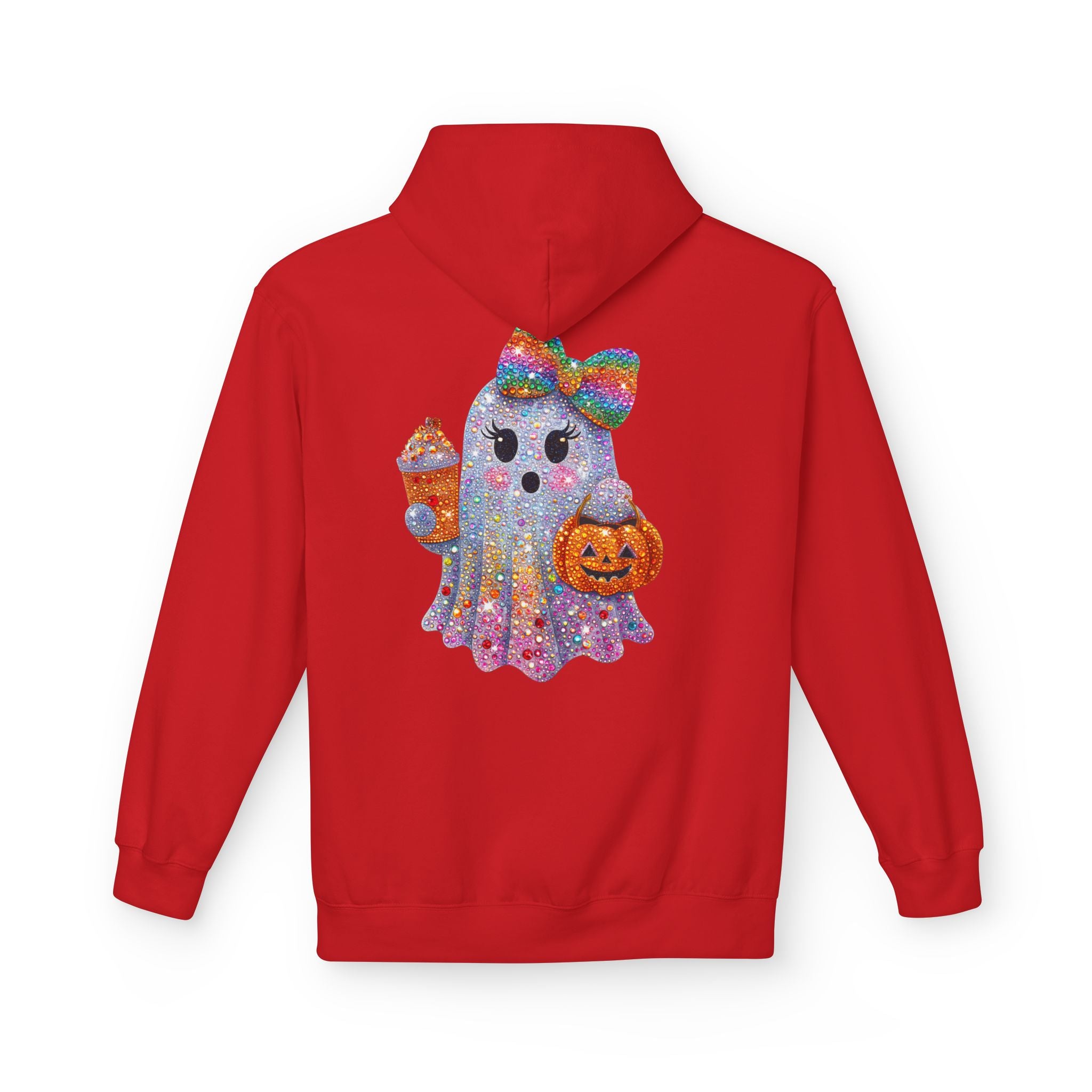 Cute Halloween Ghost Hoodie — Glitter Ghost Holding Pumpkin & Coffee Graphic