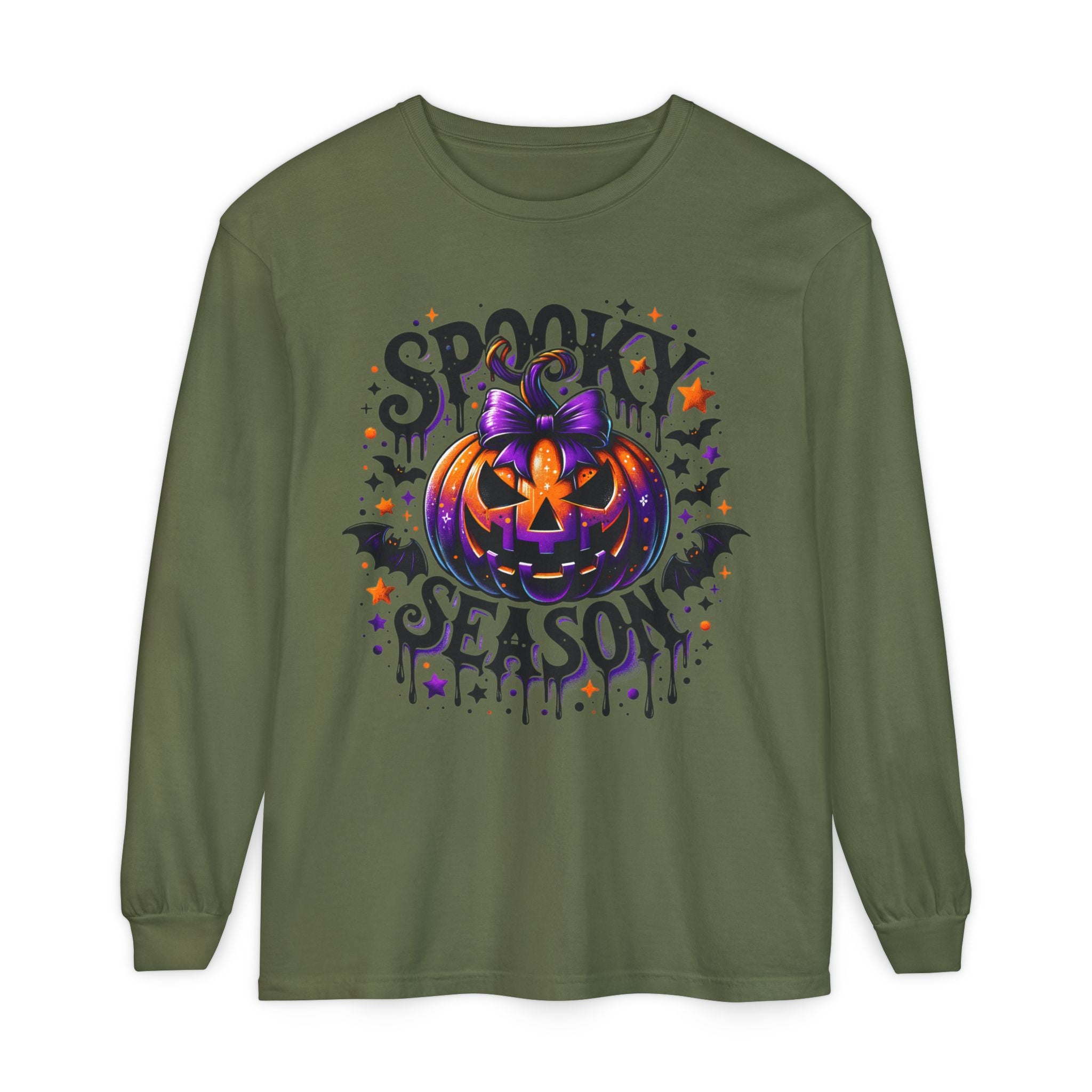 Spooky Season Long Sleeve Tee — Purple Pumpkin Halloween Design