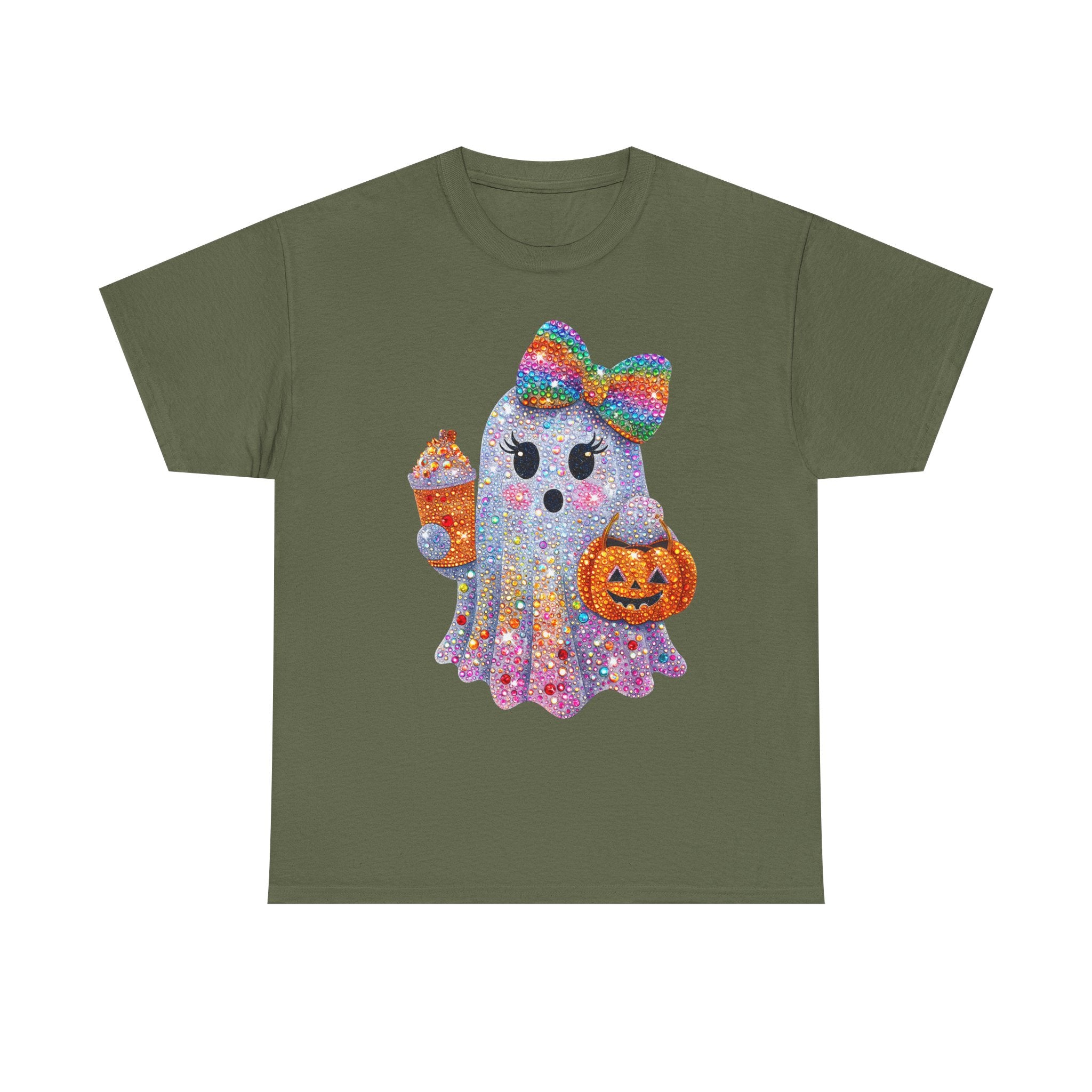 Cute Glitter Ghost T‑Shirt — Rainbow Bow Halloween Tee with Pumpkin & Candy
