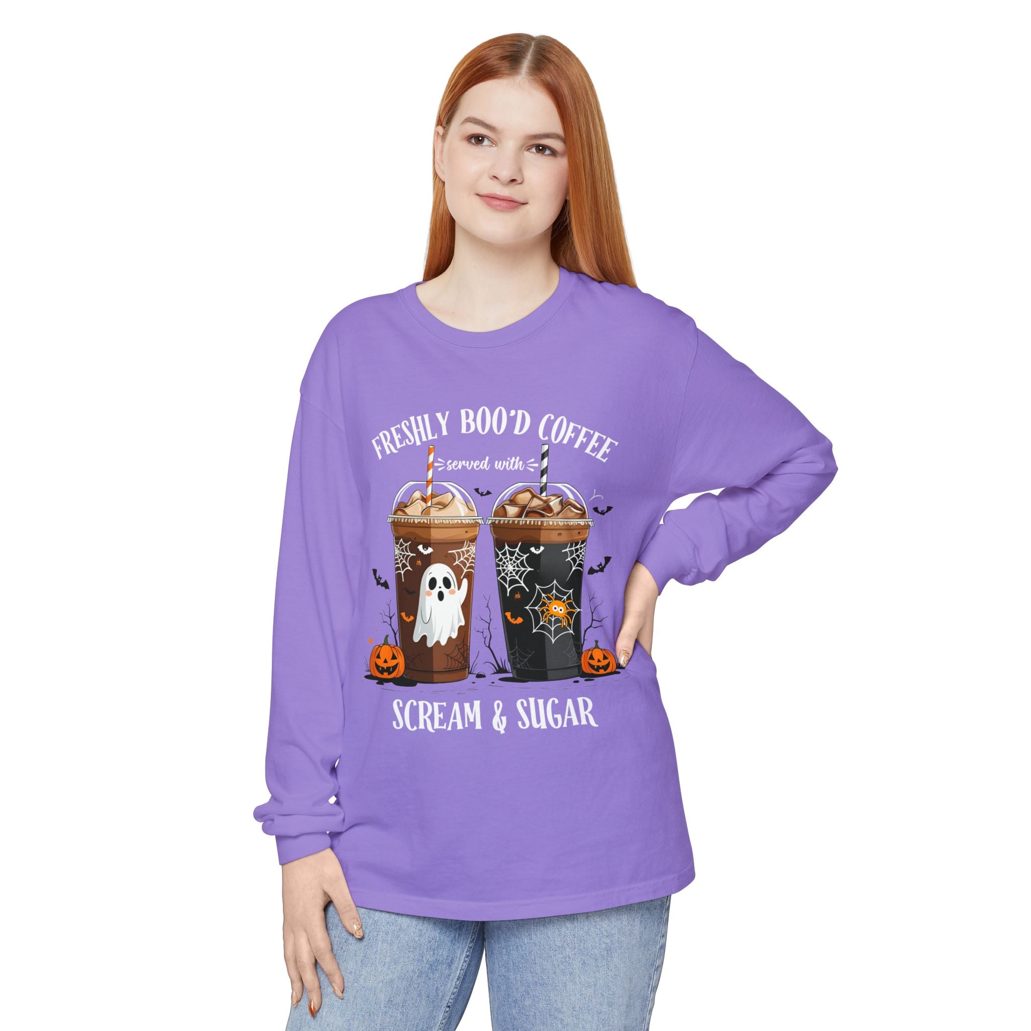 Halloween Coffee Long Sleeve Tee — "Freshly Boo'd Coffee, Scream & Sugar"