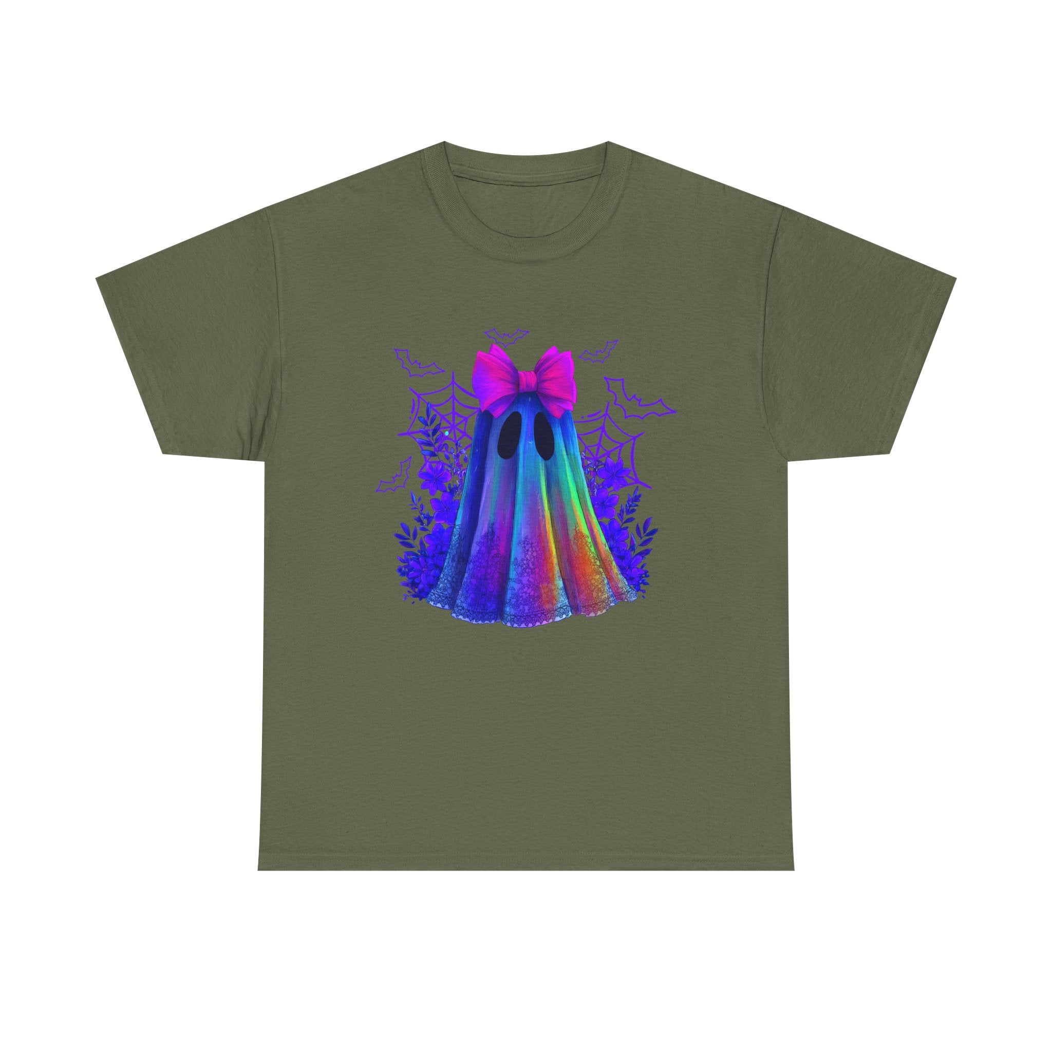 Neon Rainbow Ghost T-Shirt — Cute Halloween Spirit Tee with Pink Bow