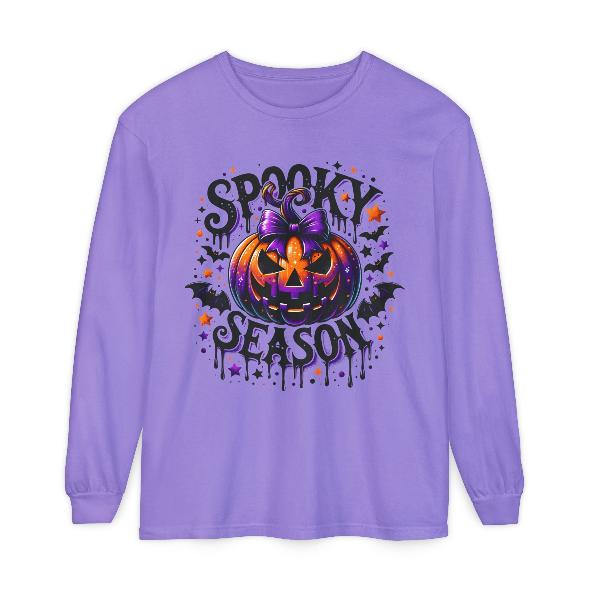 Spooky Season Long Sleeve Tee — Purple Pumpkin Halloween Design