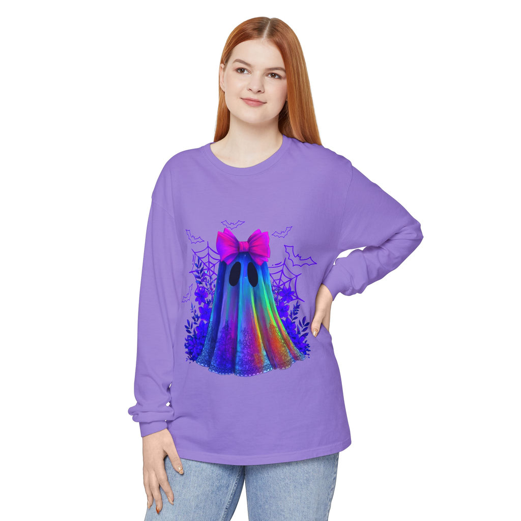 Halloween Ghost Long Sleeve Tee — Holographic Bow Ghost Graphic