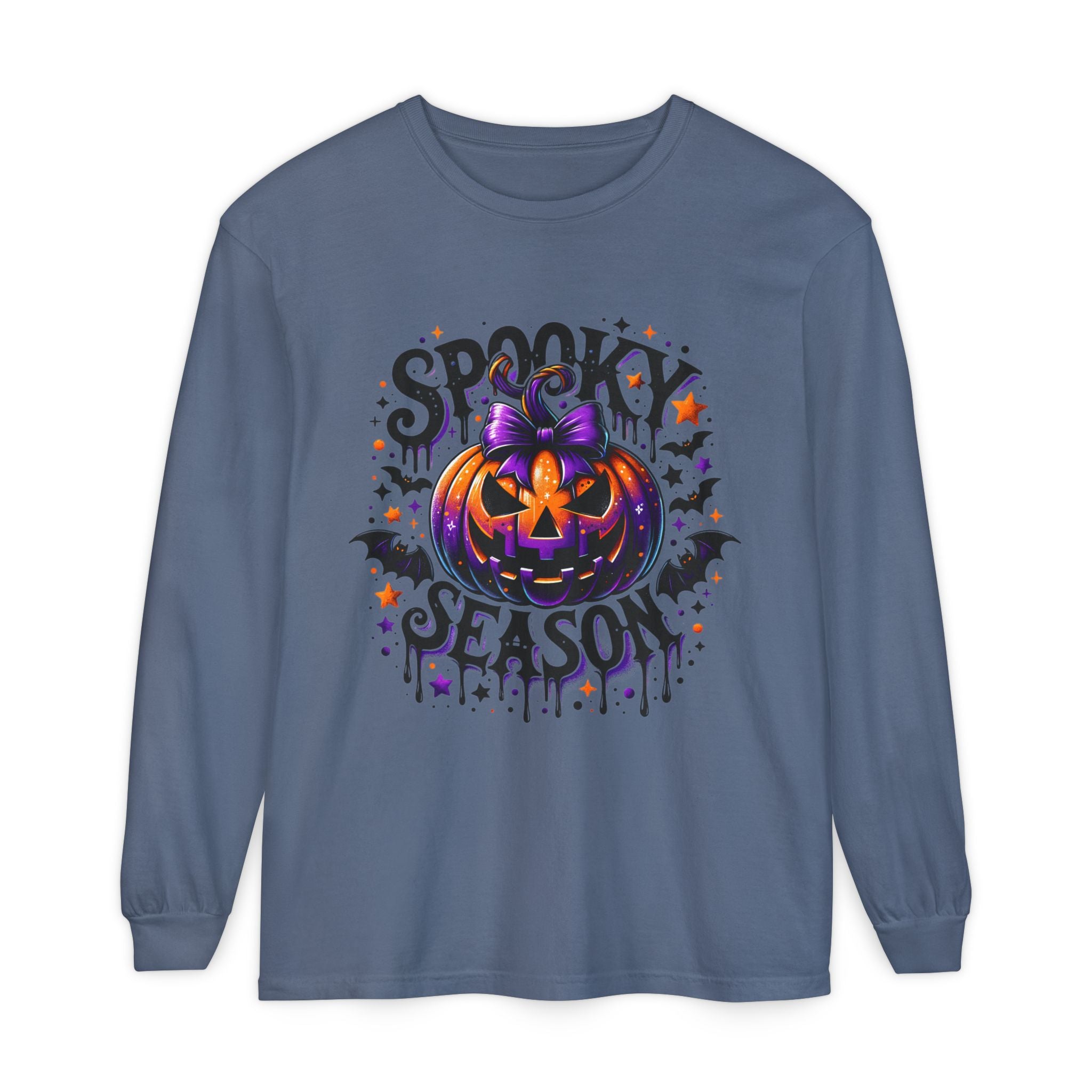 Spooky Season Long Sleeve Tee — Purple Jack-O'-Lantern Halloween Shirt