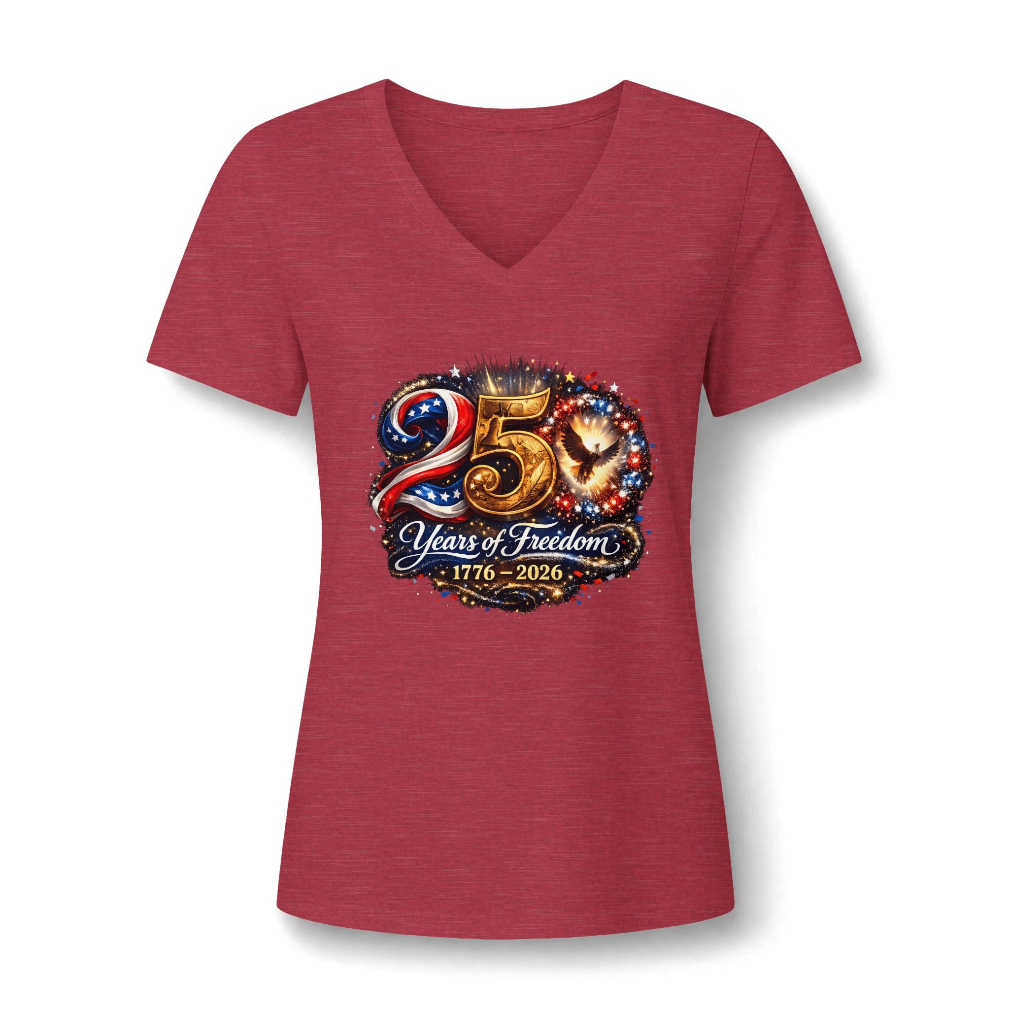 25 Years of Freedom 1776–2026 V-Neck Tee — Patriotic Women's 25th Anniversary Shirt