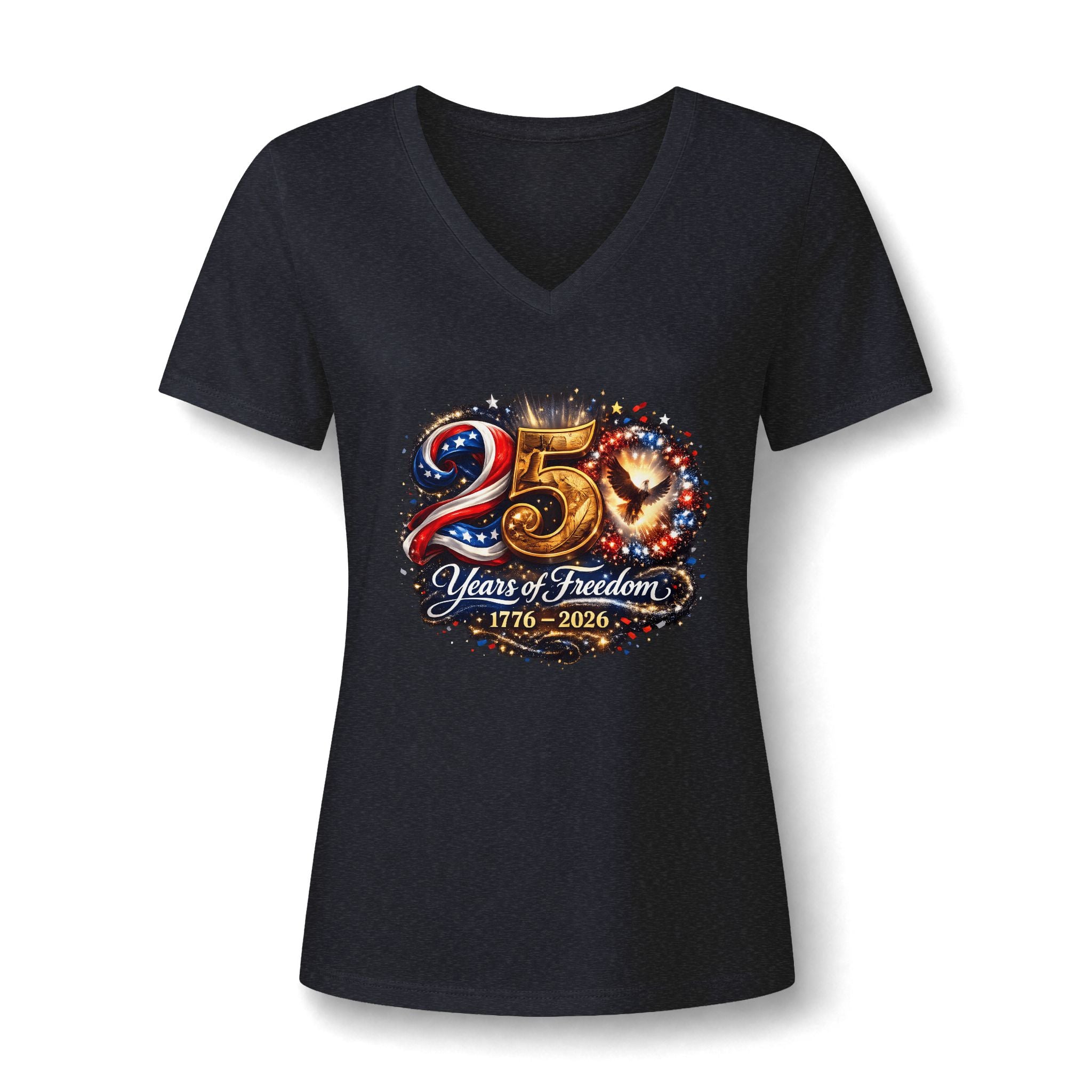 25 Years of Freedom 1776–2026 V-Neck Tee — Patriotic Women's 25th Anniversary Shirt