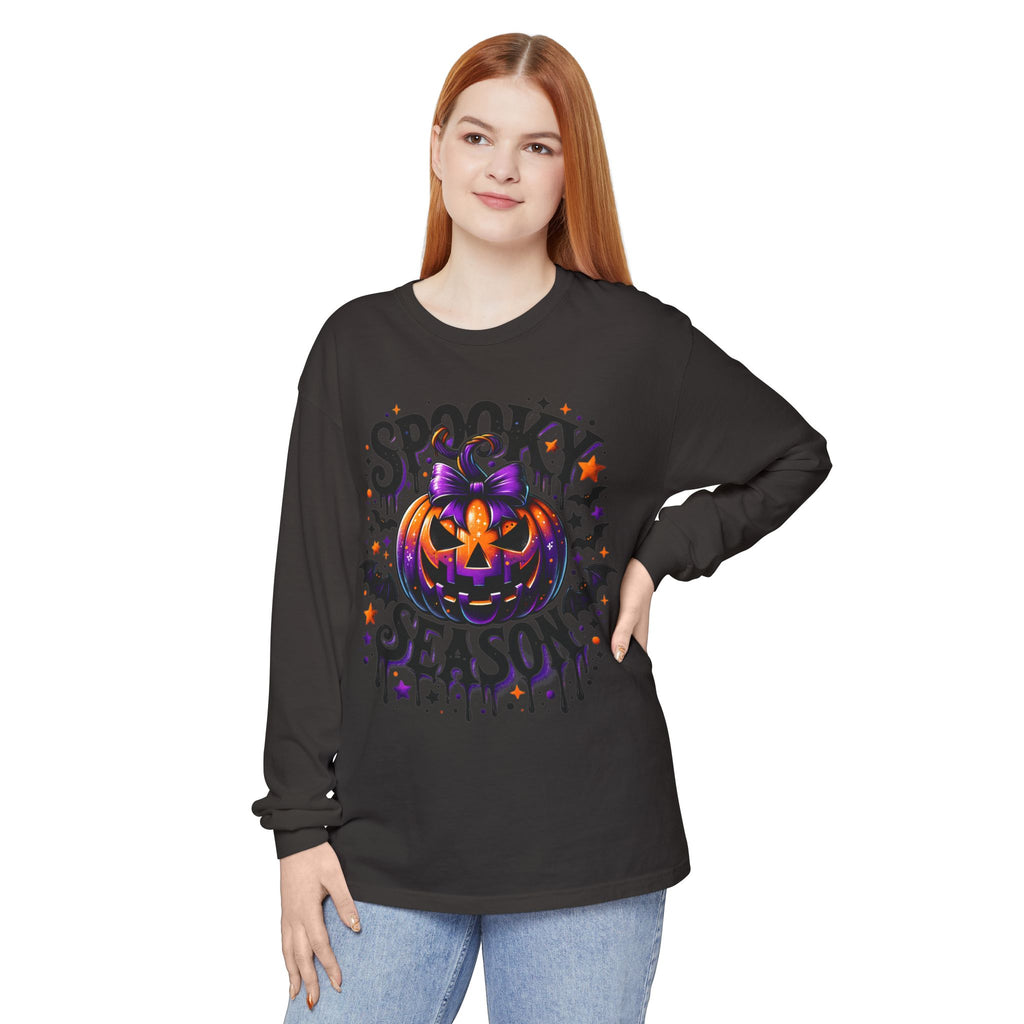 Spooky Season Long Sleeve Tee — Purple Pumpkin Halloween Design