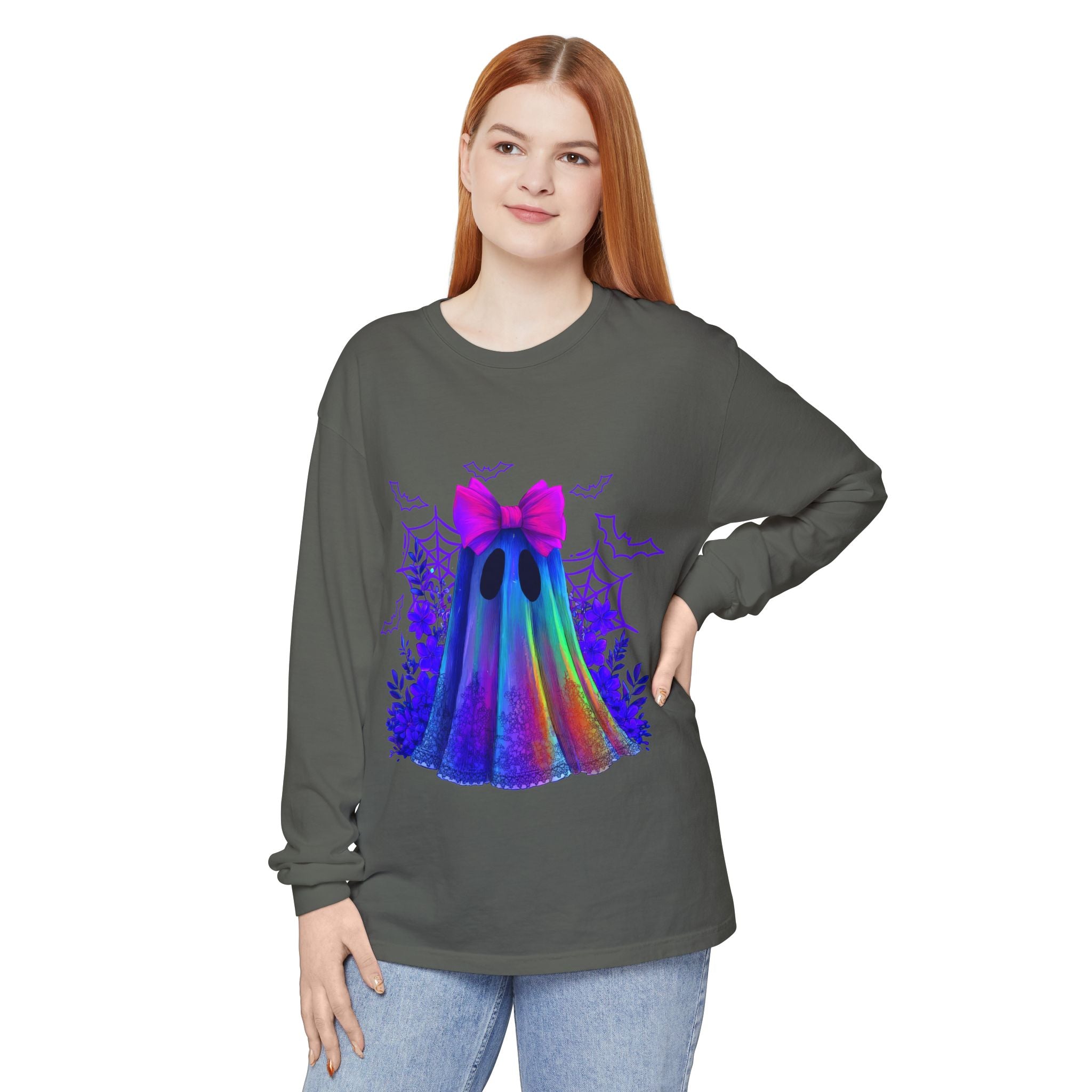 Halloween Ghost Long Sleeve Tee — Holographic Bow Ghost Graphic