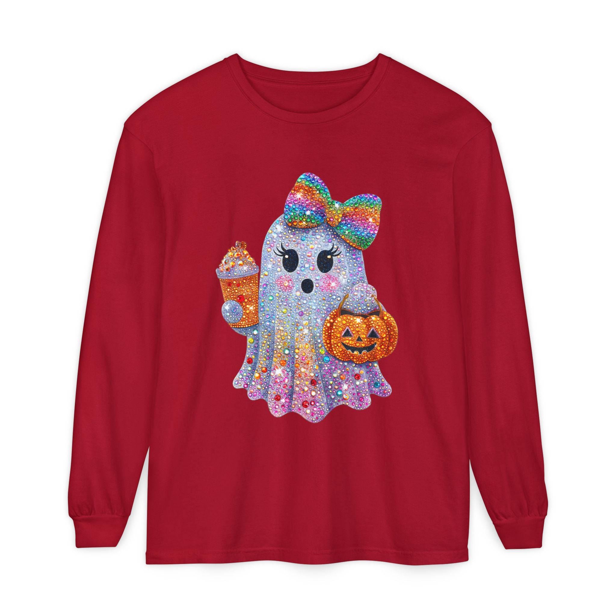 Sparkle Ghost Long Sleeve Tee — Cute Halloween Pumpkin & Candy Design