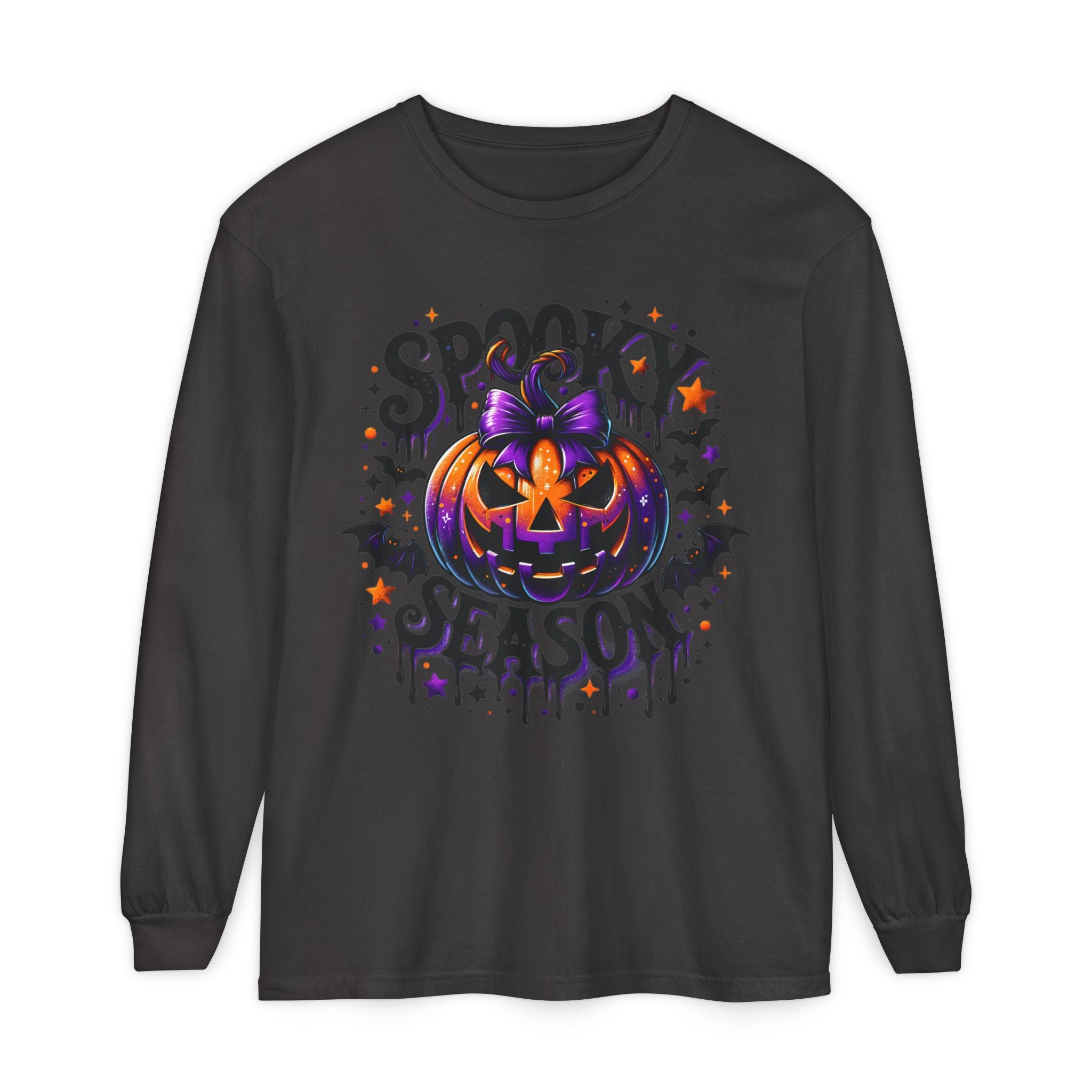 Spooky Season Long Sleeve Tee — Purple Pumpkin Halloween Design