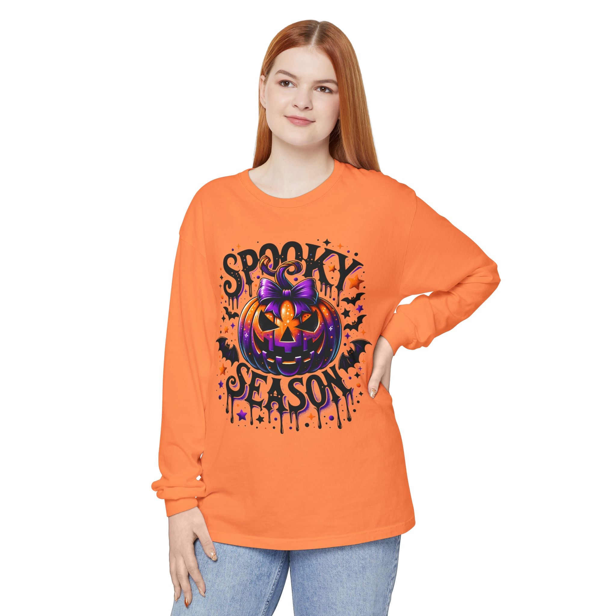 Spooky Season Long Sleeve Tee — Purple Pumpkin Halloween Design