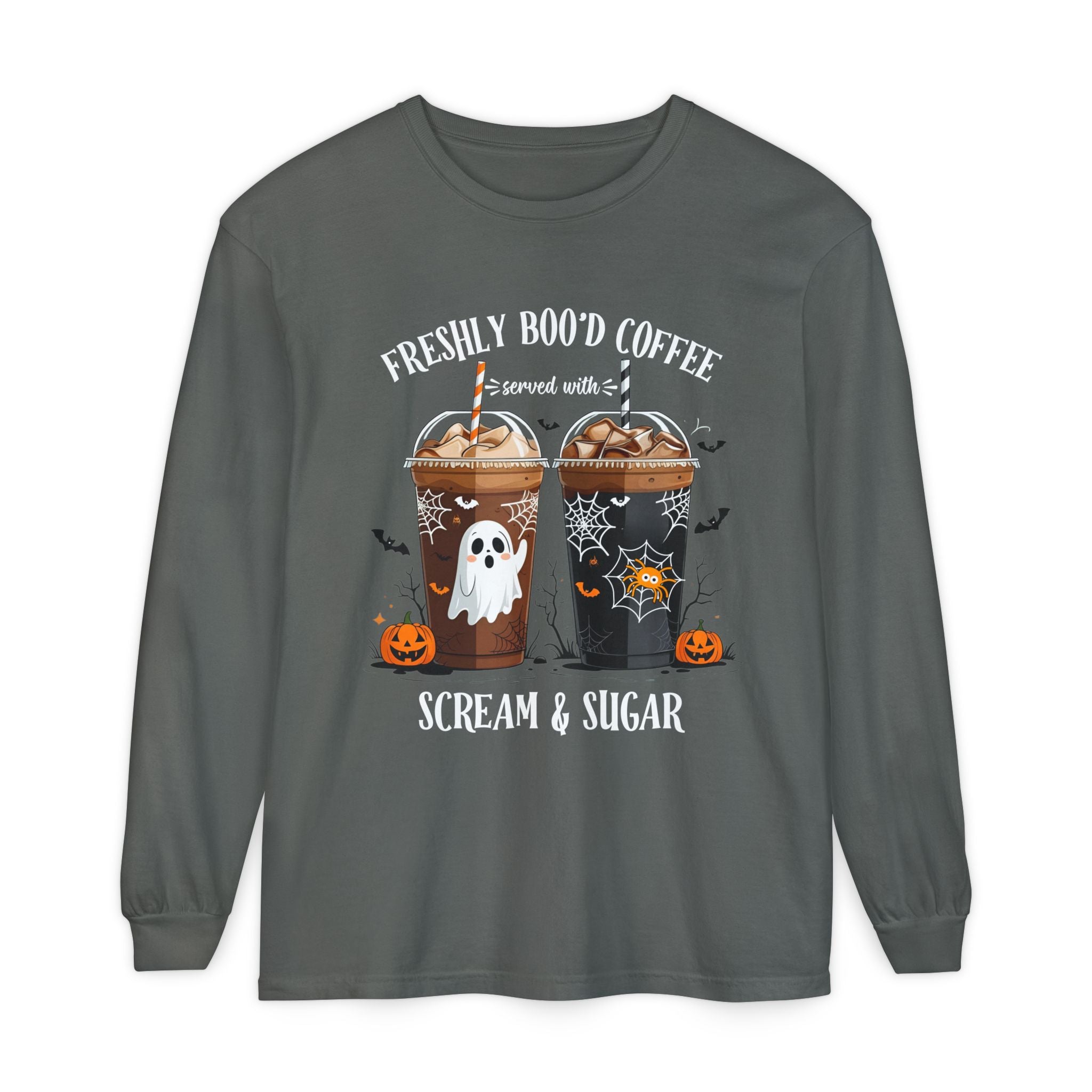 Halloween Coffee Long Sleeve Tee — "Freshly Boo'd Coffee, Scream & Sugar"