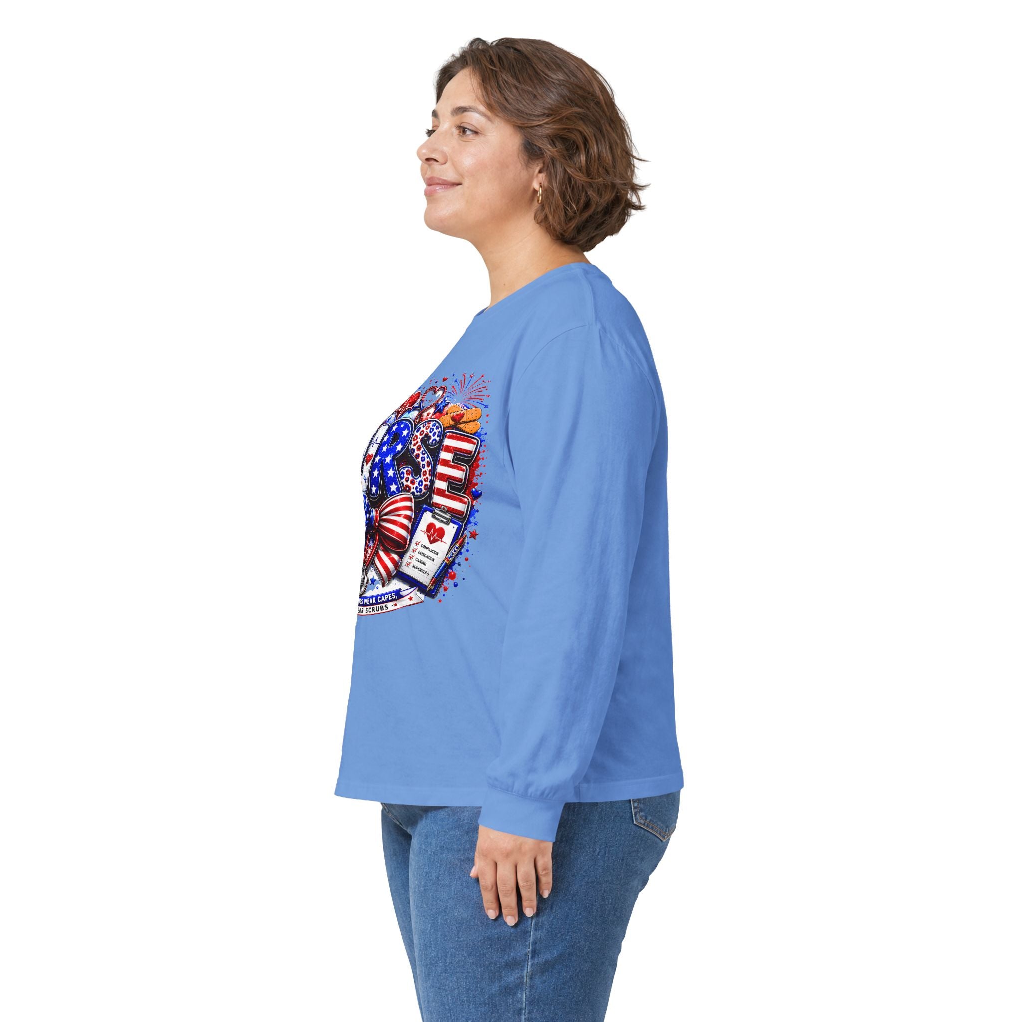 Nurse Heart Patriotic Long Sleeve Tee — USA Flag & Medical Design