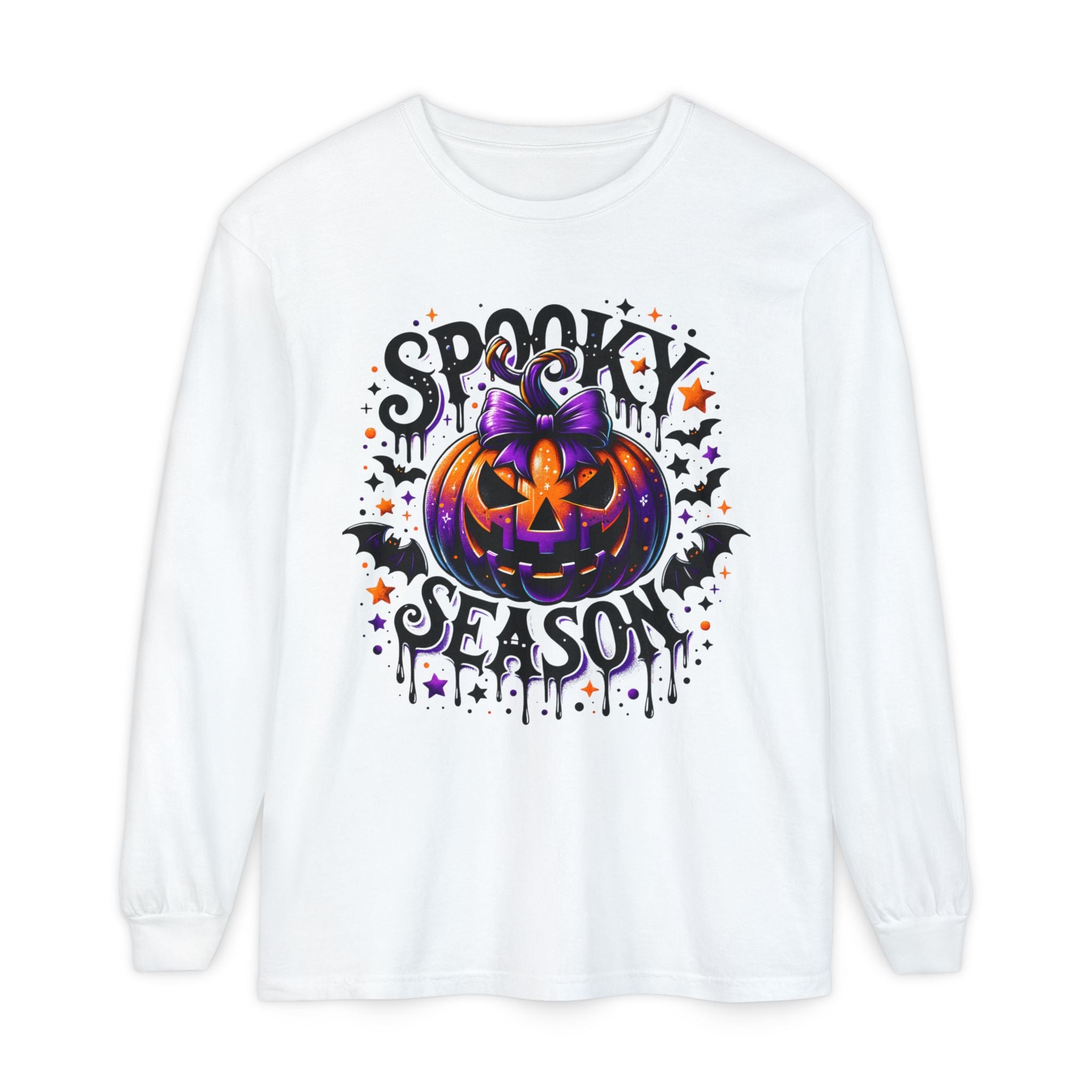 Spooky Season Long Sleeve Tee — Purple Pumpkin Halloween Design