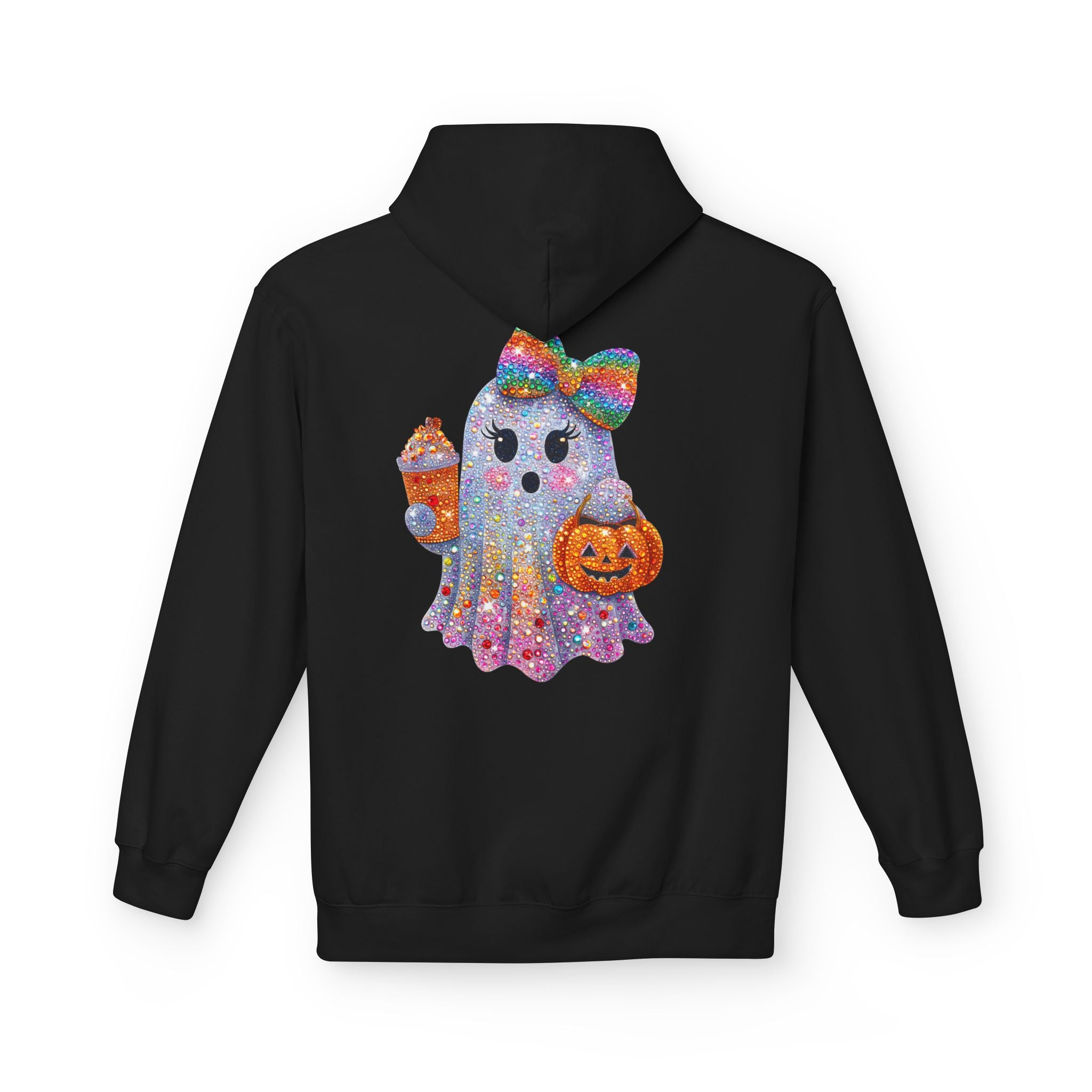 Cute Halloween Ghost Hoodie — Glitter Ghost Holding Pumpkin & Coffee Graphic