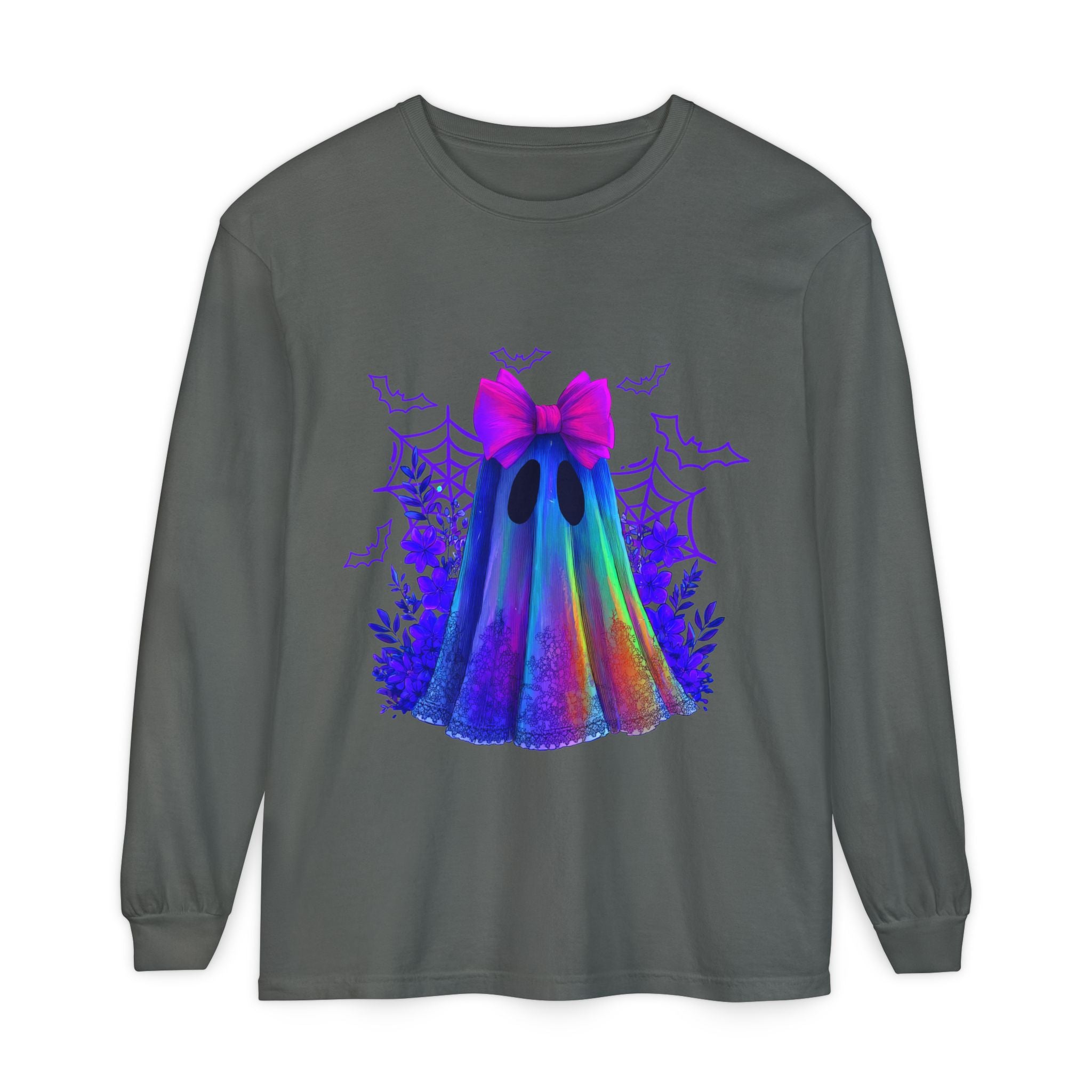 Halloween Ghost Long Sleeve Tee — Holographic Bow Ghost Graphic