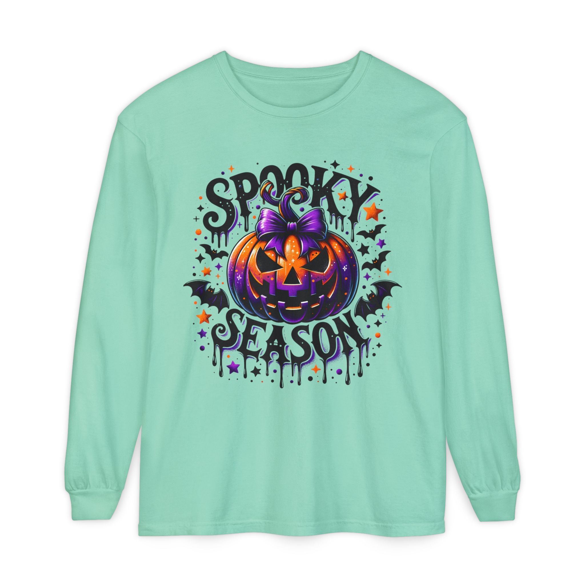 Spooky Season Long Sleeve Tee — Purple Pumpkin Halloween Design