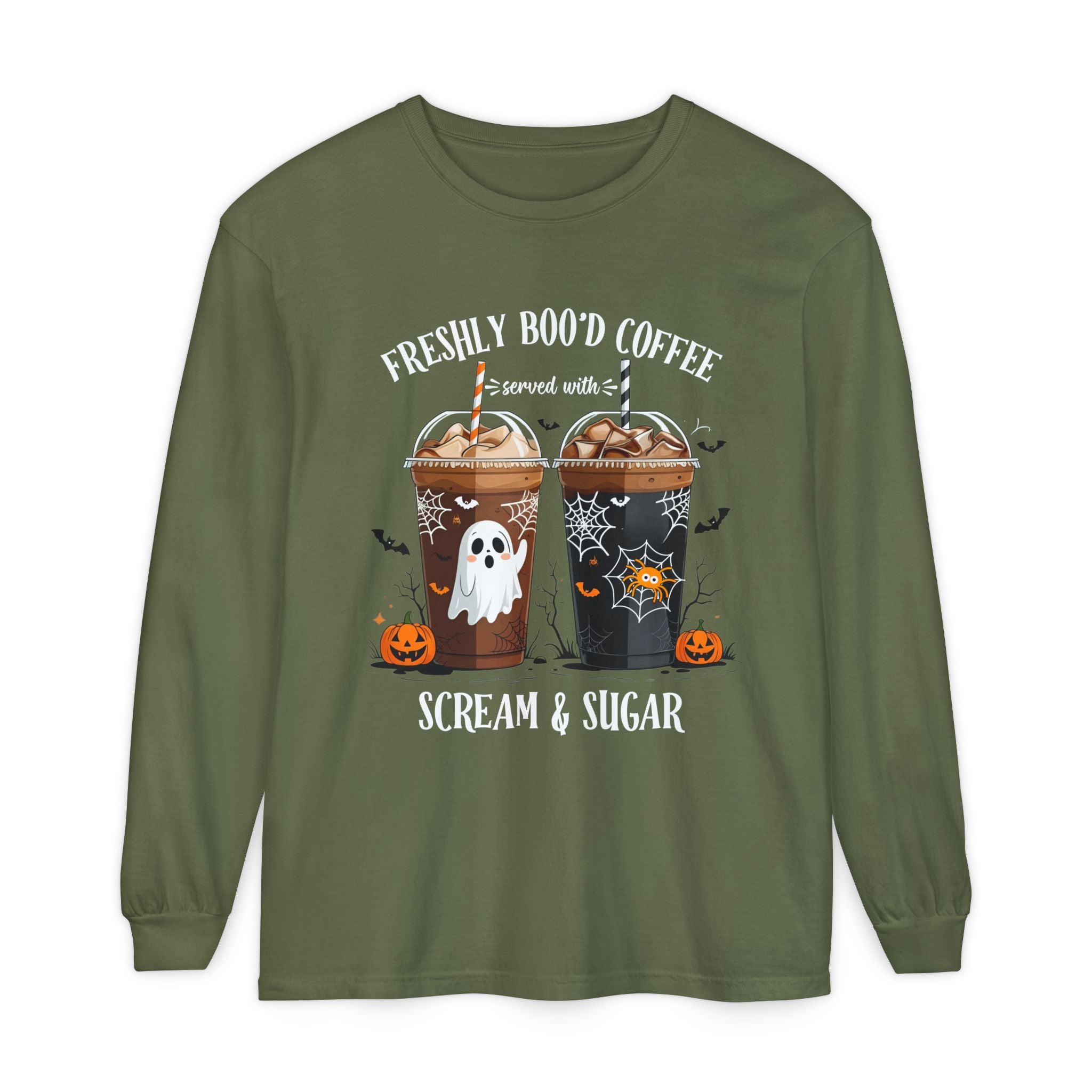 Halloween Coffee Long Sleeve Tee — "Freshly Boo'd Coffee, Scream & Sugar"