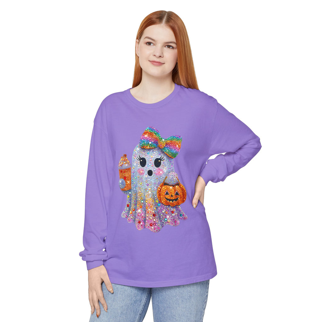 Sparkle Ghost Long Sleeve Tee — Cute Halloween Pumpkin & Candy Design