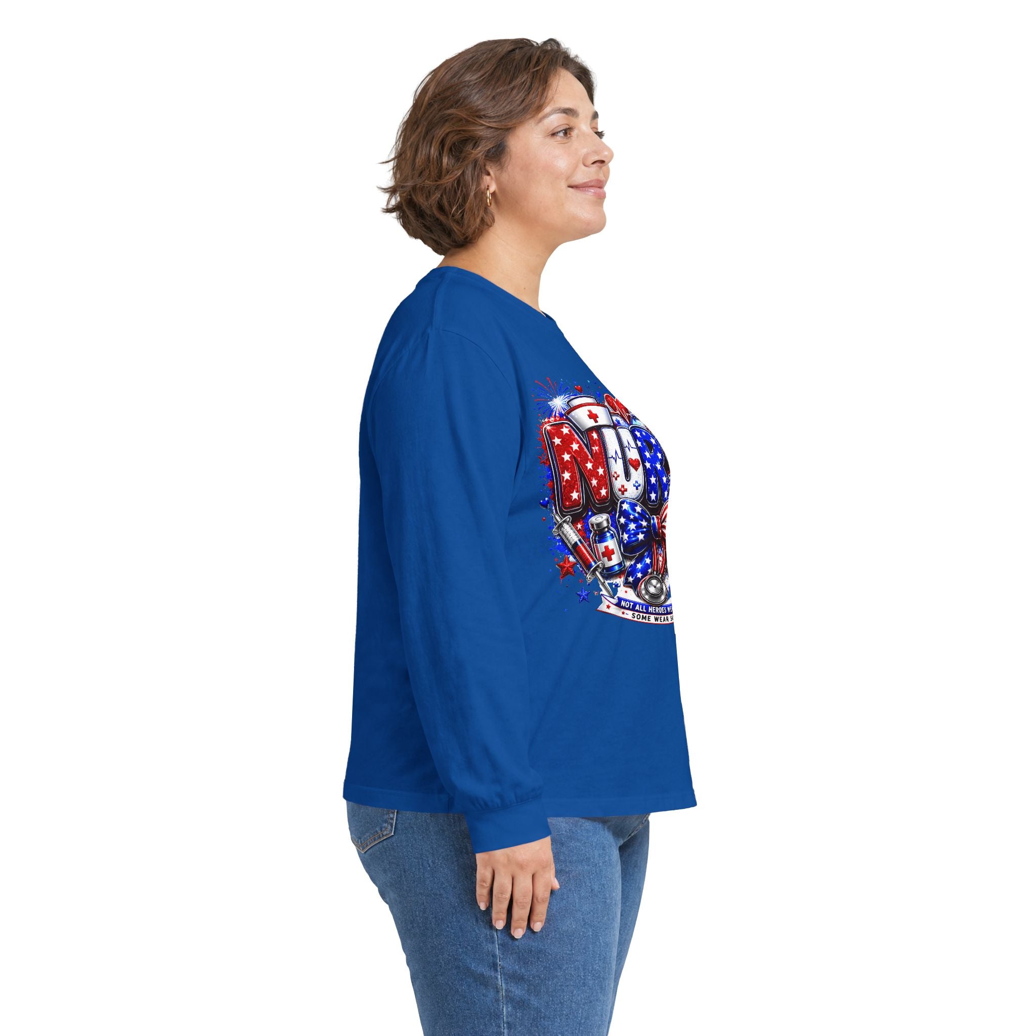 Nurse Heart Patriotic Long Sleeve Tee — USA Flag & Medical Design