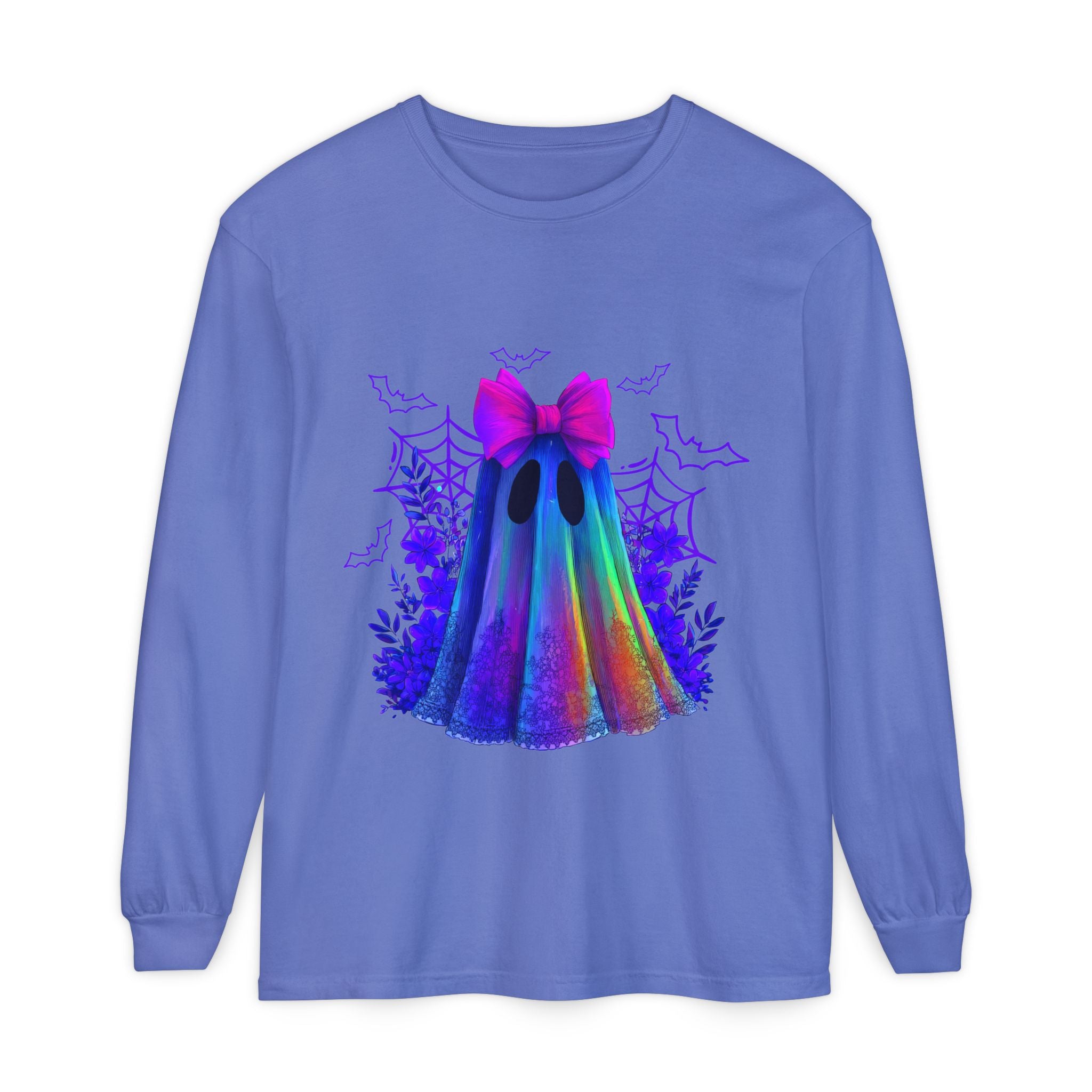 Halloween Ghost Long Sleeve Tee — Holographic Bow Ghost Graphic