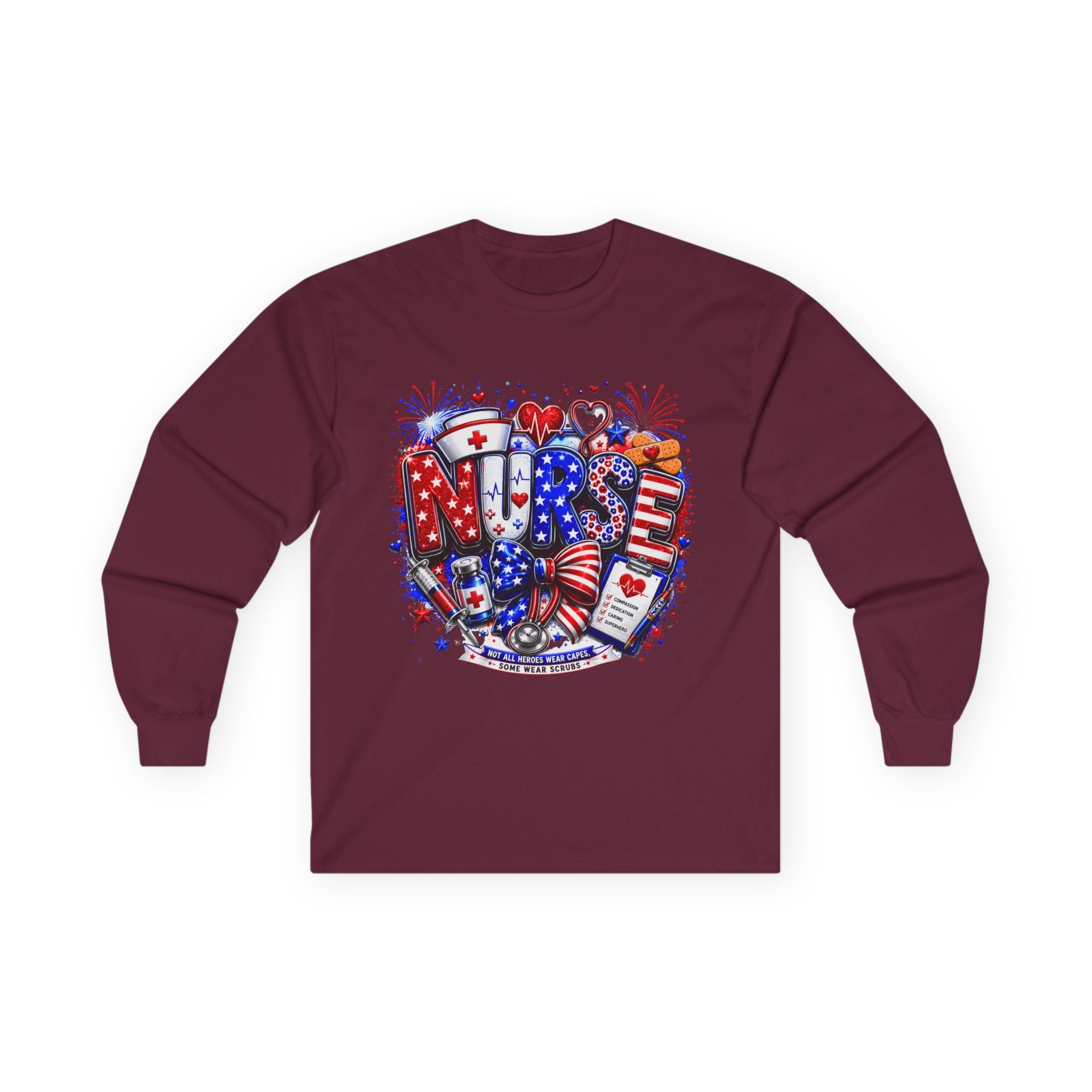 Nurse Heart Patriotic Long Sleeve Tee — USA Flag & Medical Design