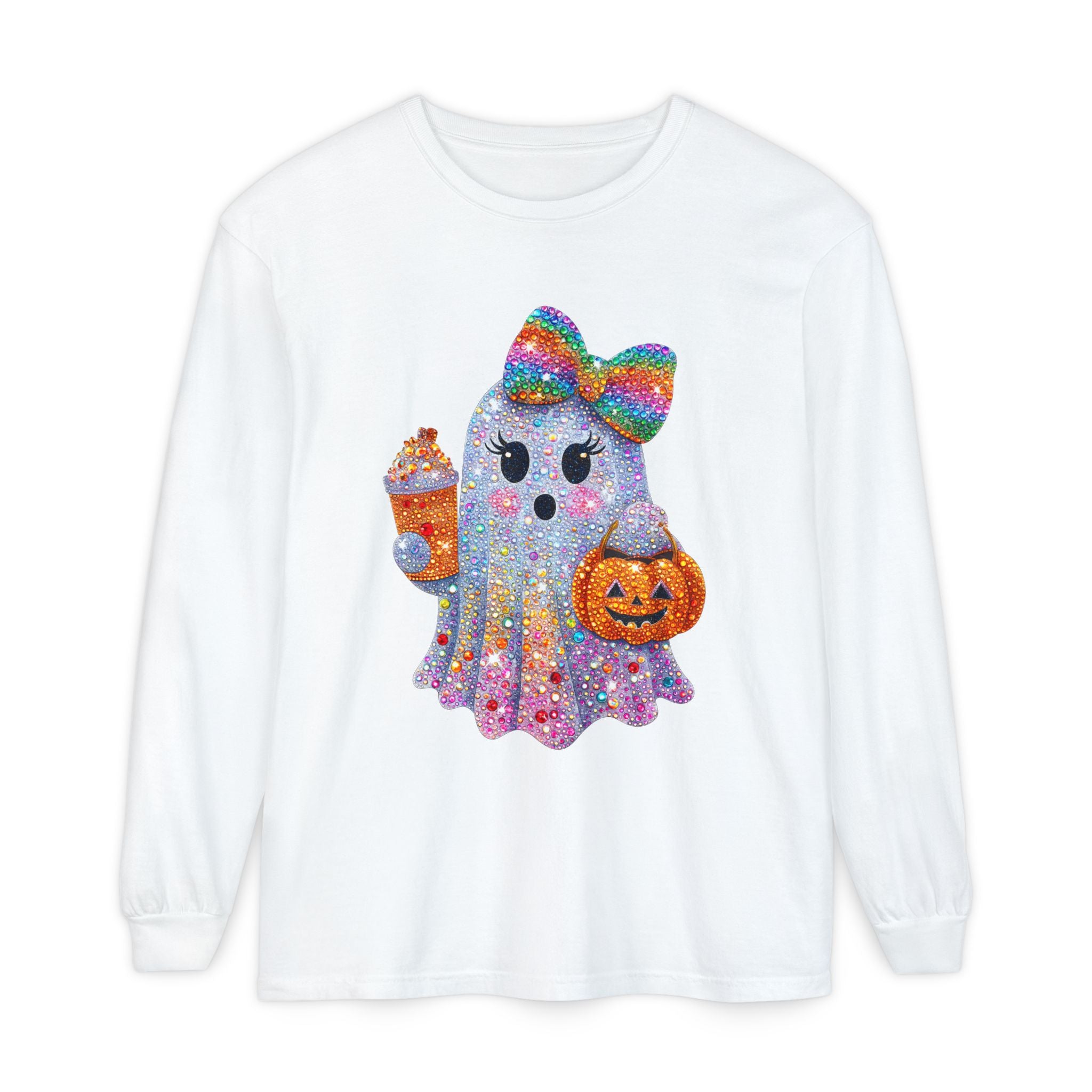 Sparkle Ghost Long Sleeve Tee — Cute Halloween Pumpkin & Candy Design