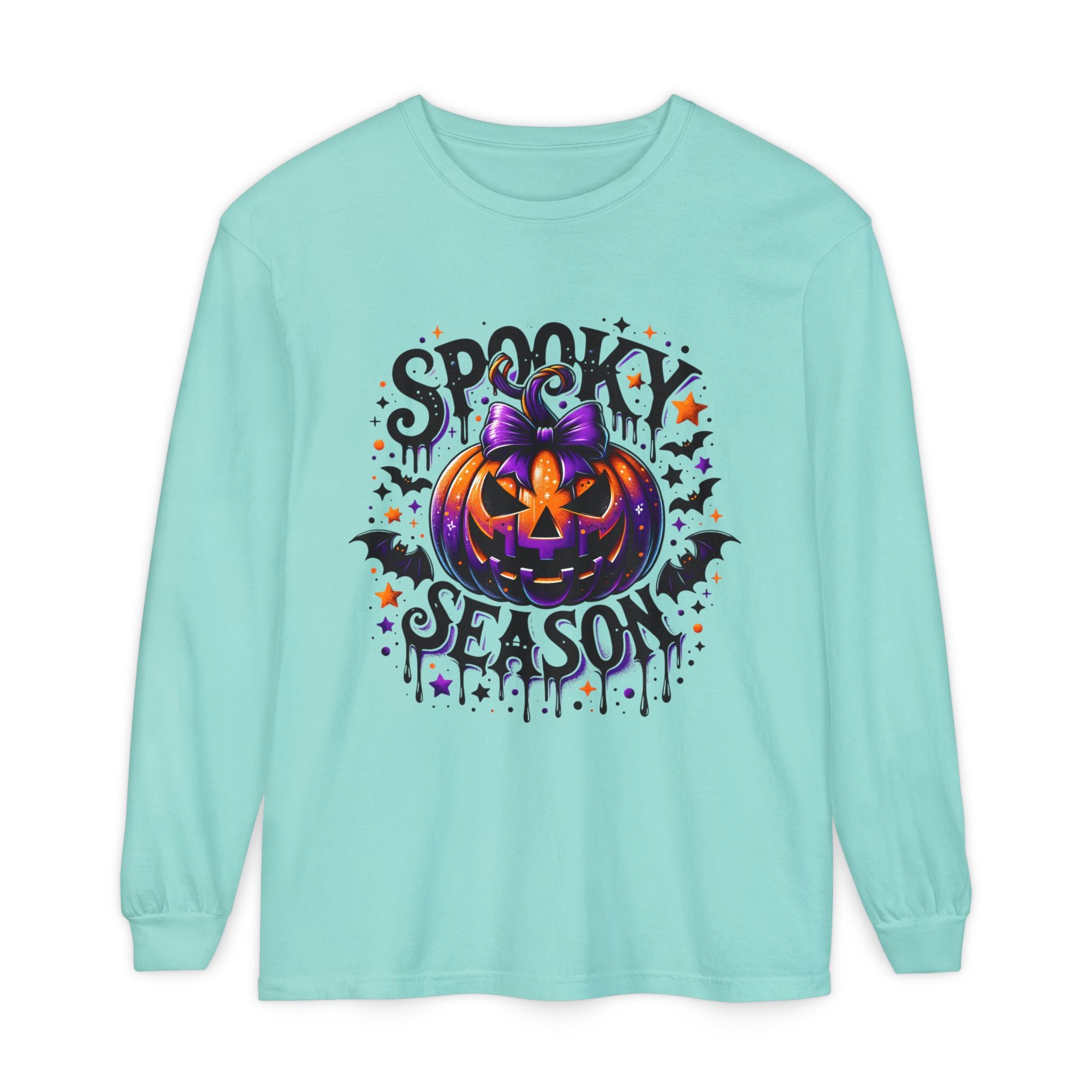 Spooky Season Long Sleeve Tee — Purple Jack-O'-Lantern Halloween Shirt