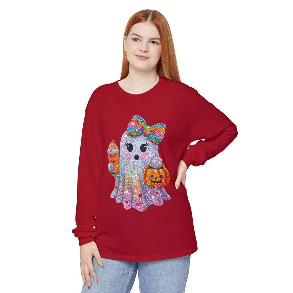 Sparkle Ghost Long Sleeve Tee — Cute Halloween Pumpkin & Candy Design