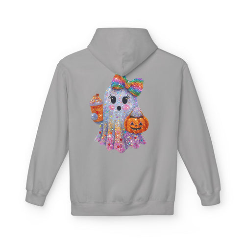 Cute Halloween Ghost Hoodie — Glitter Ghost Holding Pumpkin & Coffee Graphic