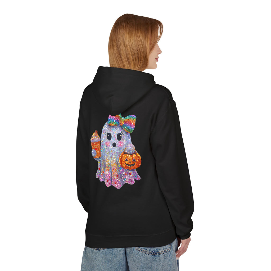 Cute Halloween Ghost Hoodie — Glitter Ghost Holding Pumpkin & Coffee Graphic