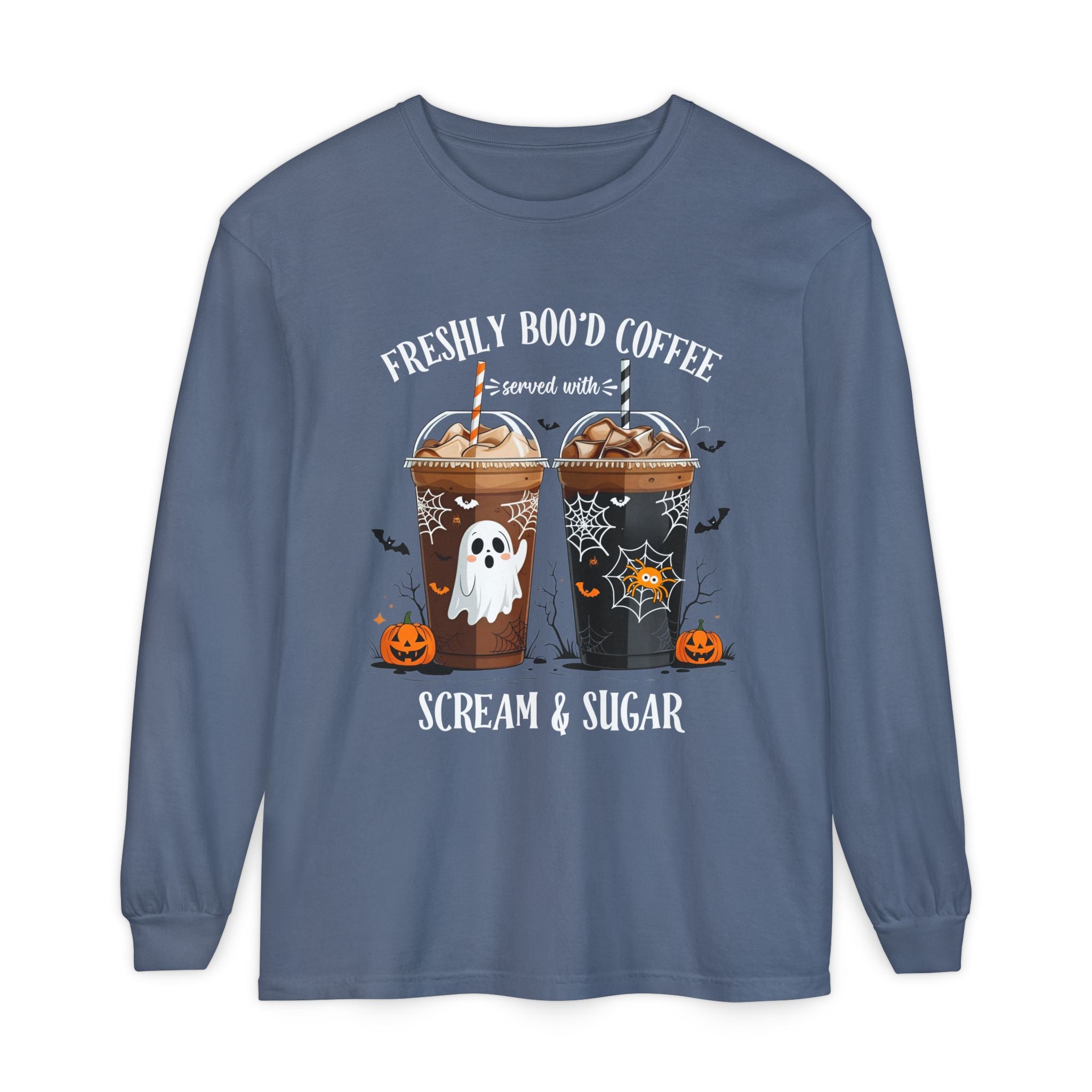 Halloween Coffee Long Sleeve Tee — "Freshly Boo'd Coffee, Scream & Sugar"