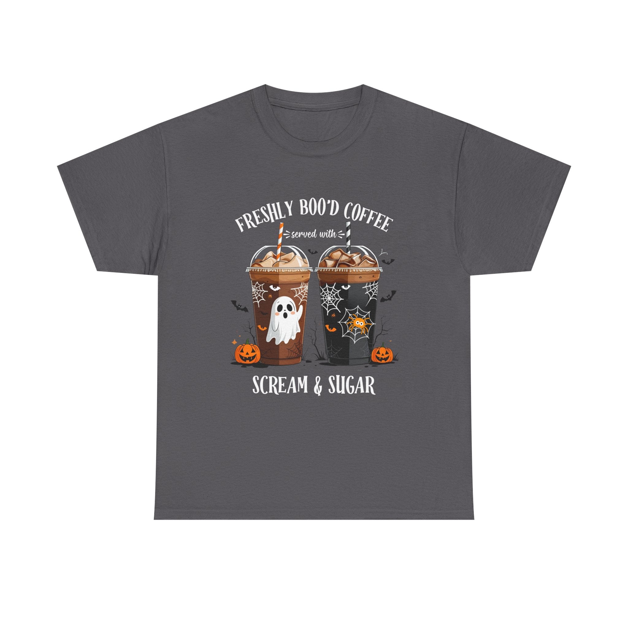 Halloween Coffee T‑Shirt - "Freshly Boo’d Coffee: Scream & Sugar" Funny Spooky Pumpkin Ghost Tee