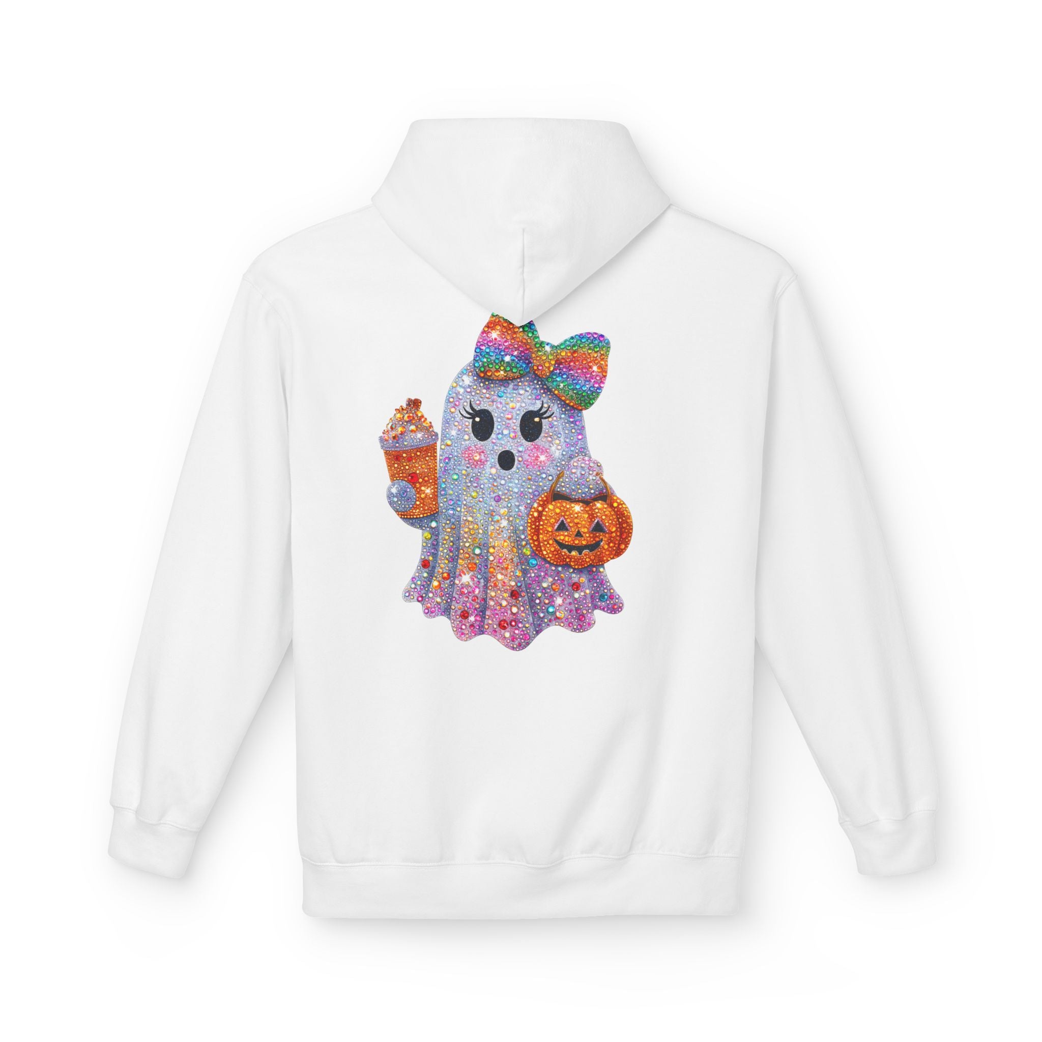 Cute Halloween Ghost Hoodie — Glitter Ghost Holding Pumpkin & Coffee Graphic
