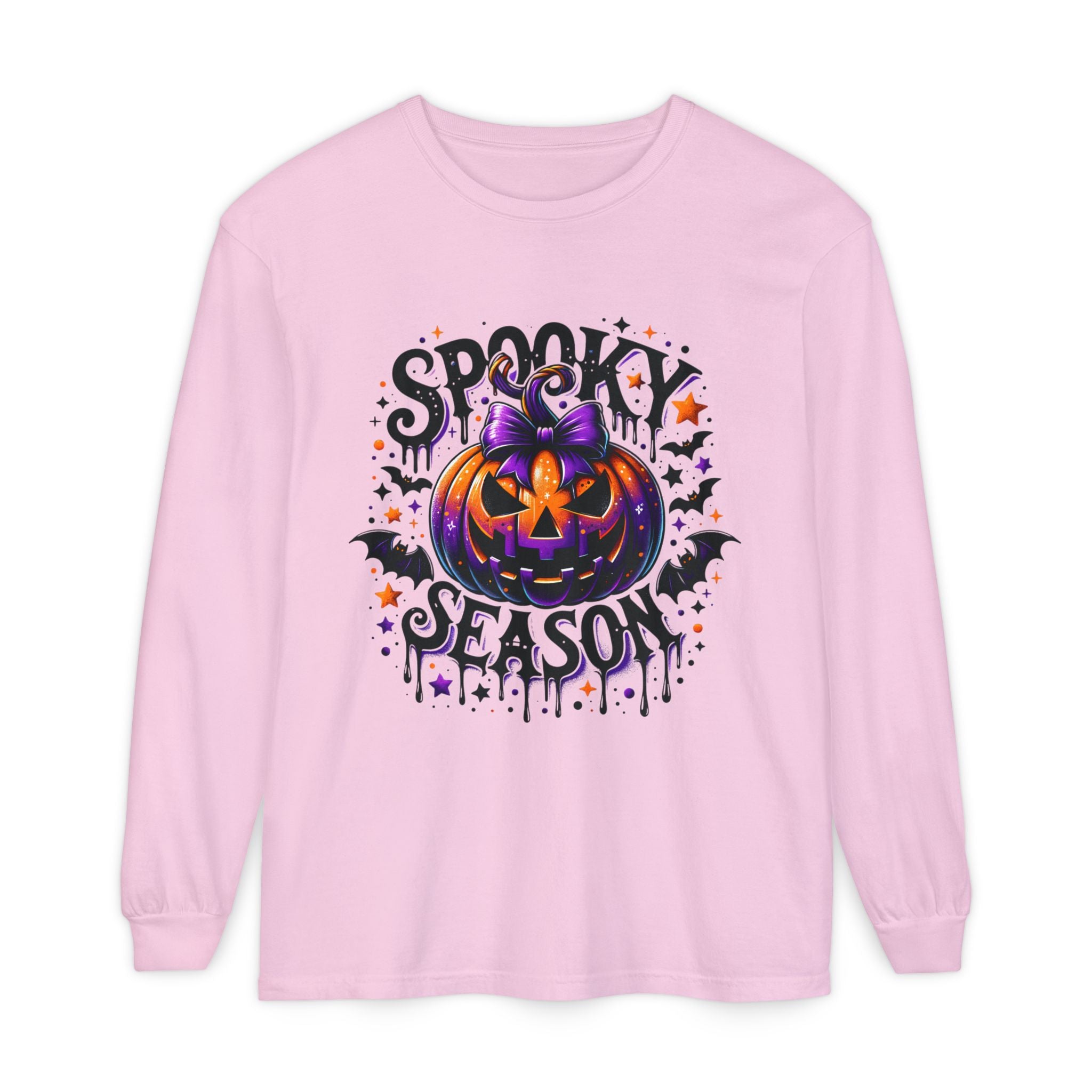 Spooky Season Long Sleeve Tee — Purple Jack-O'-Lantern Halloween Shirt