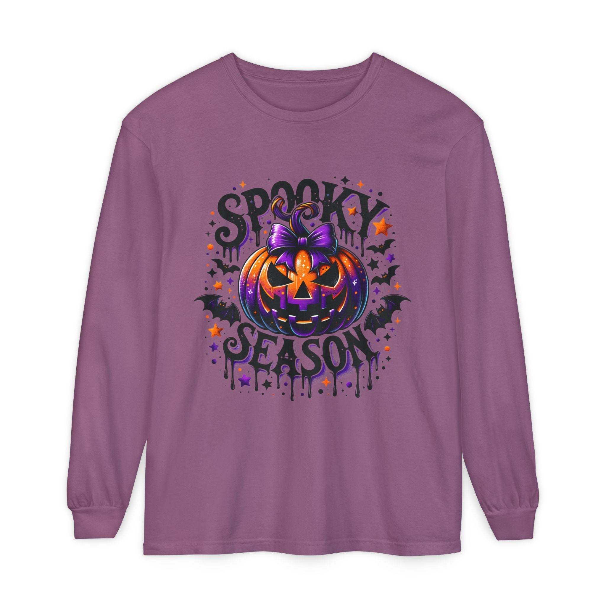 Spooky Season Long Sleeve Tee — Purple Jack-O'-Lantern Halloween Shirt