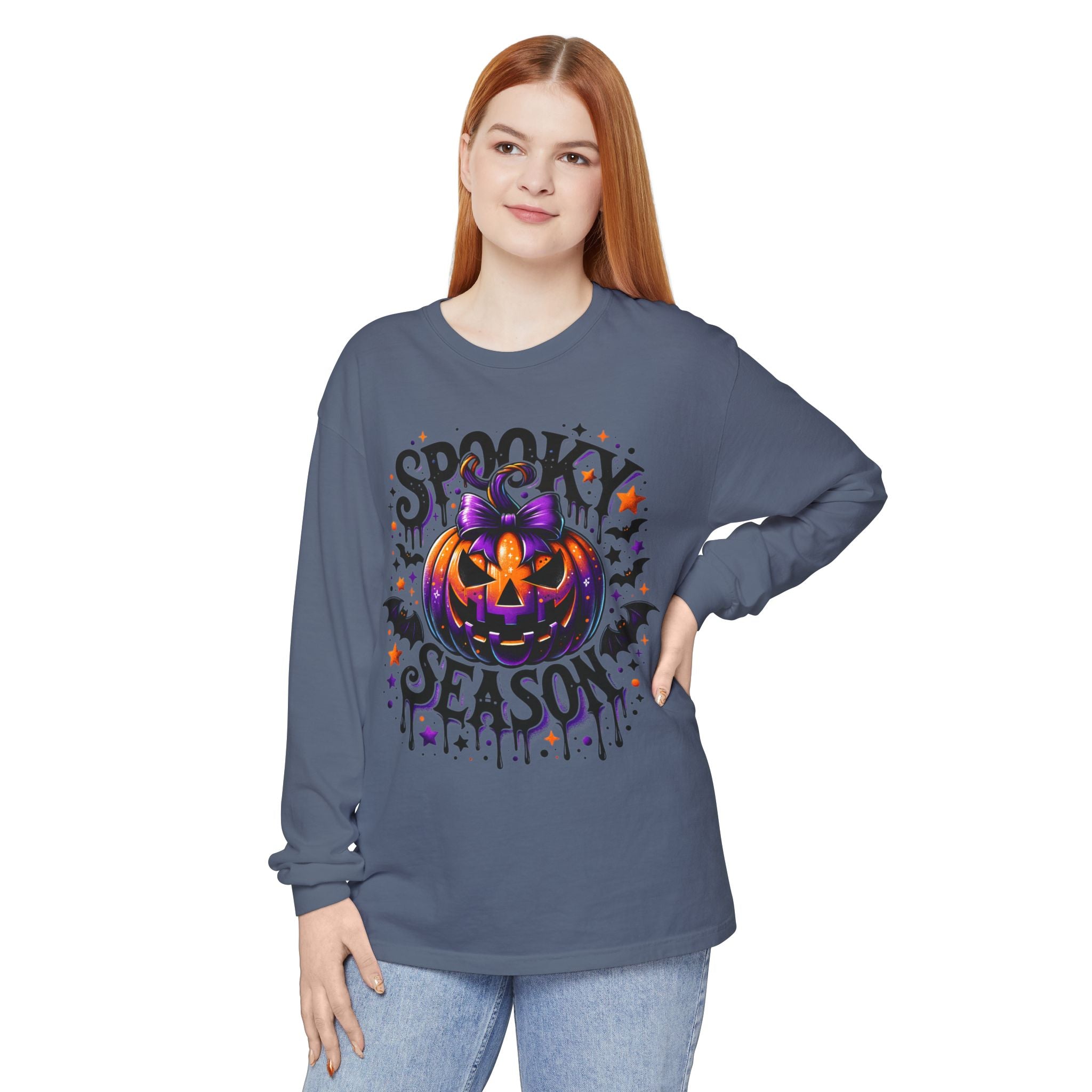 Spooky Season Long Sleeve Tee — Purple Pumpkin Halloween Design