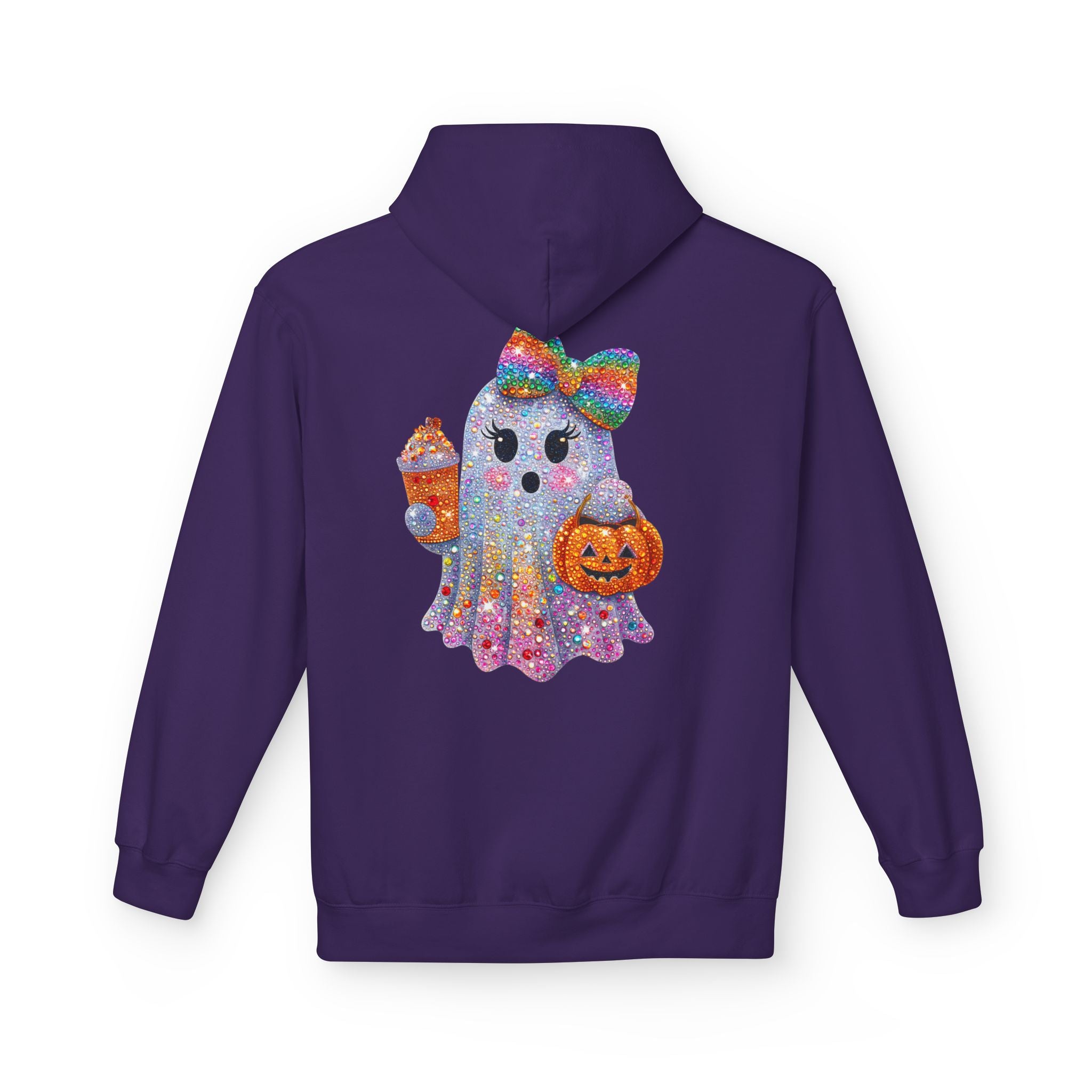 Cute Halloween Ghost Hoodie — Glitter Ghost Holding Pumpkin & Coffee Graphic