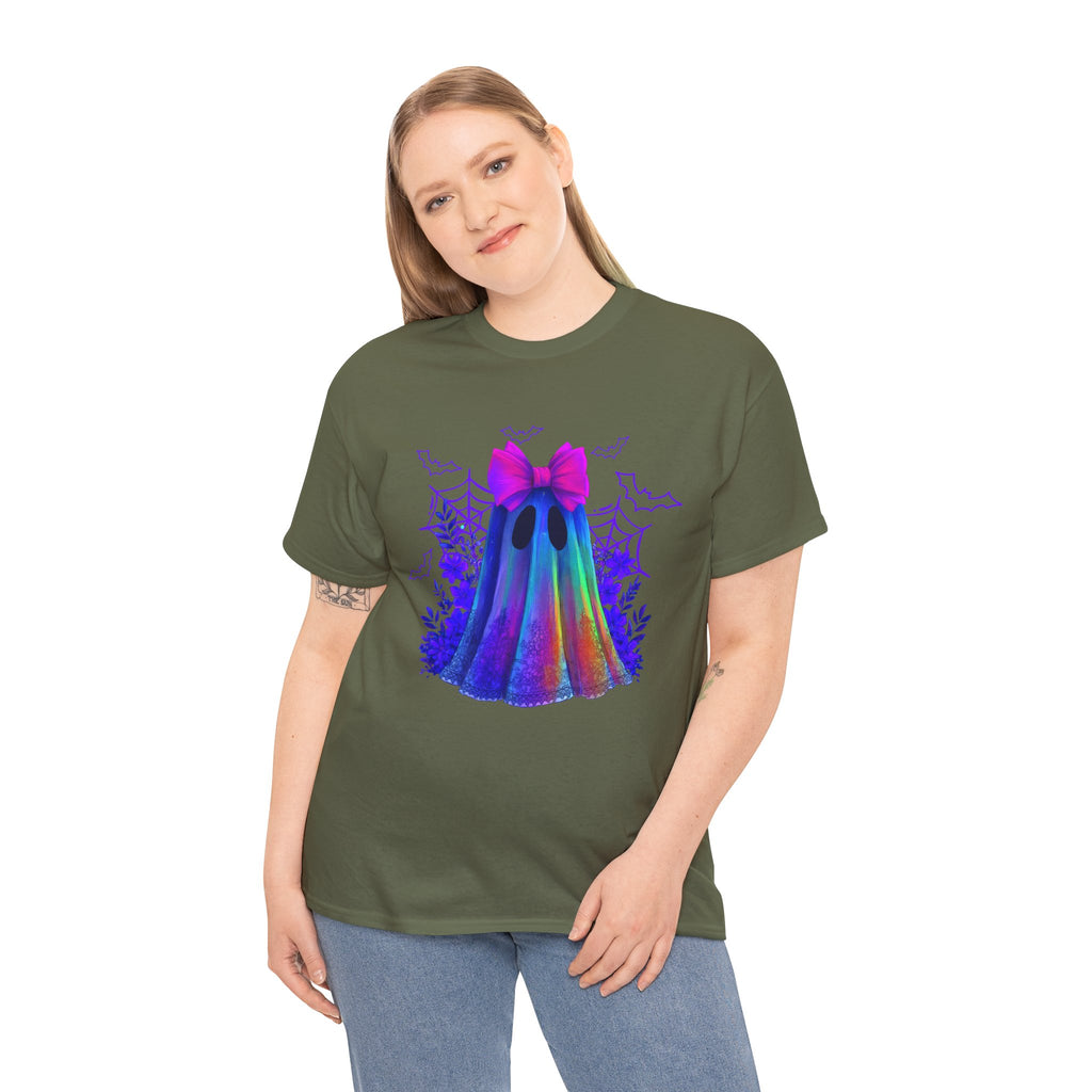 Neon Rainbow Ghost T-Shirt — Cute Halloween Spirit Tee with Pink Bow