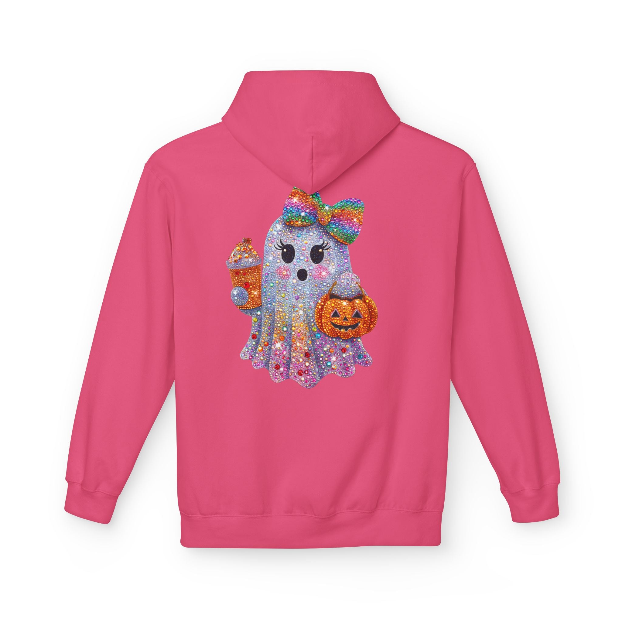 Cute Halloween Ghost Hoodie — Glitter Ghost Holding Pumpkin & Coffee Graphic