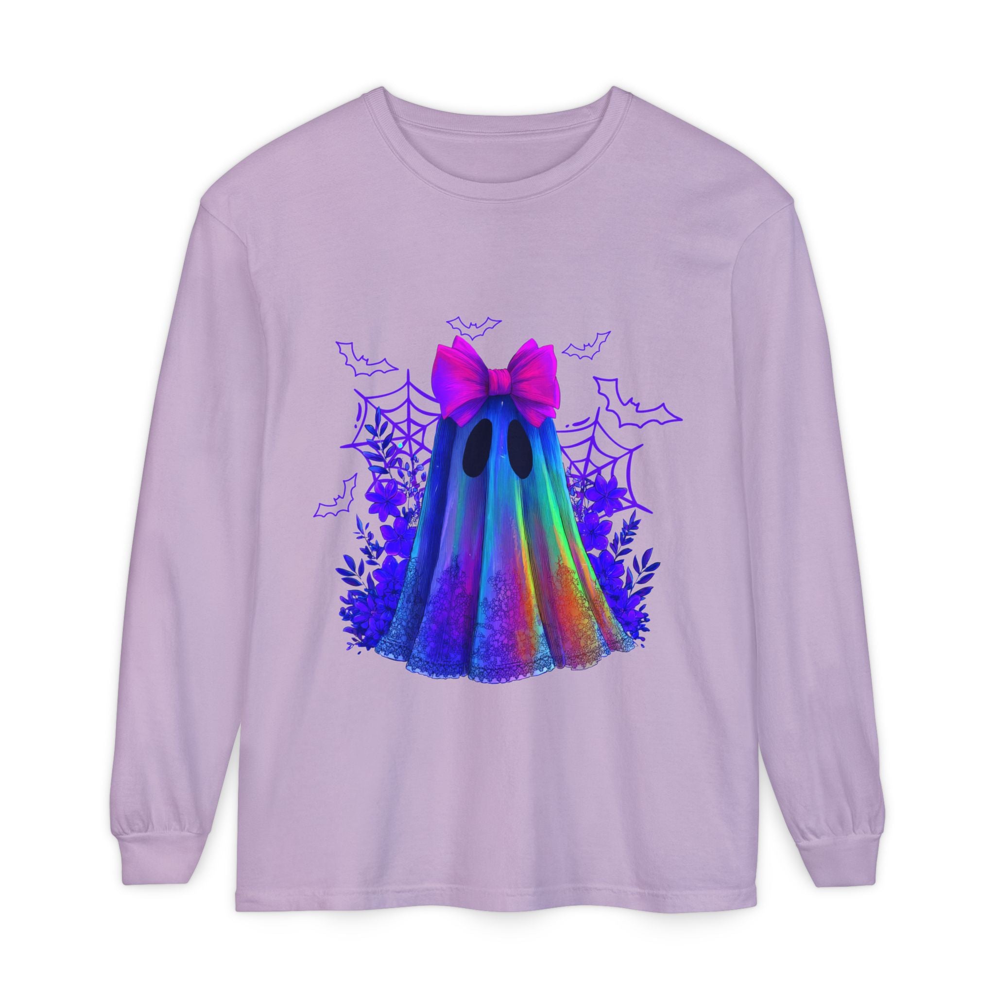 Halloween Ghost Long Sleeve Tee — Holographic Bow Ghost Graphic