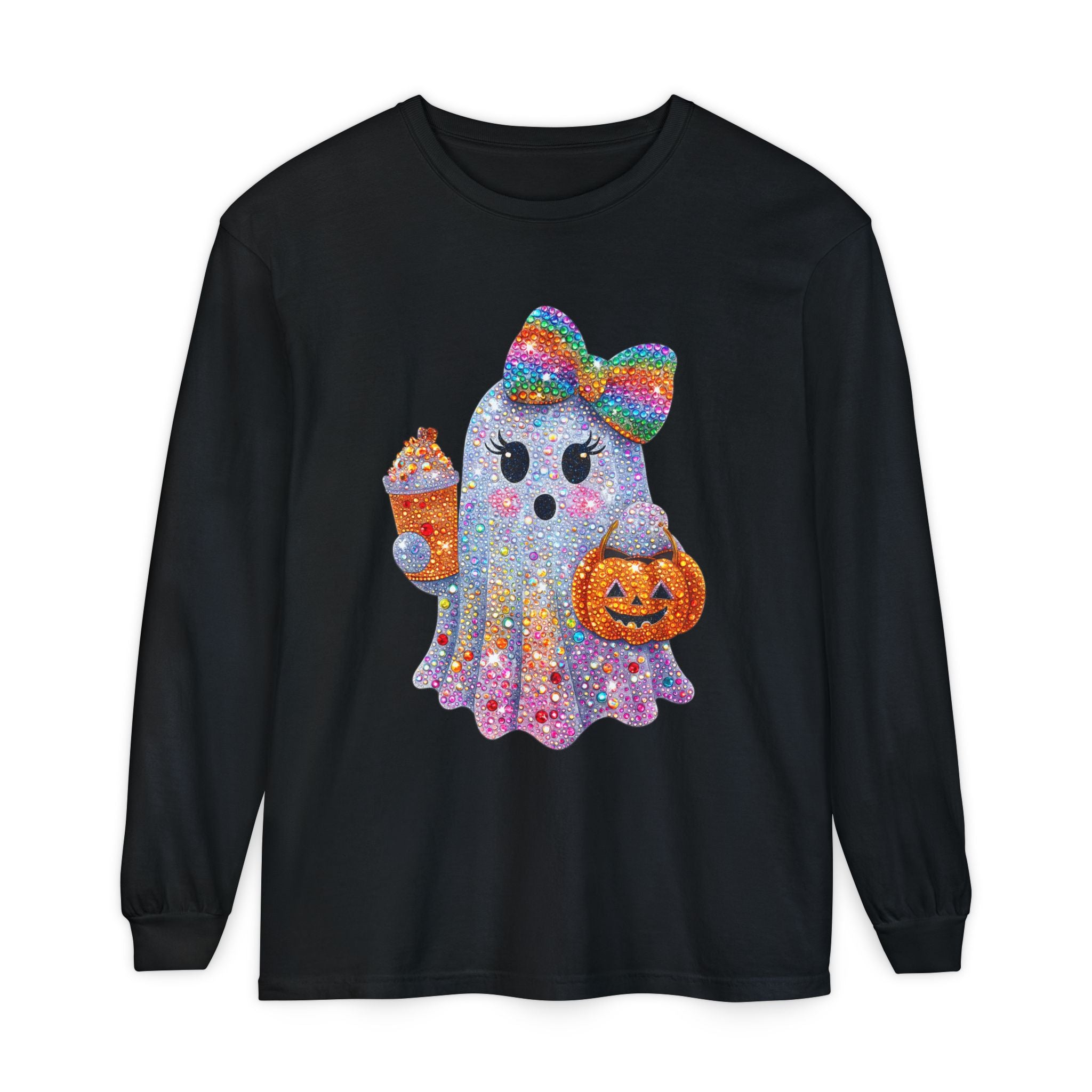 Sparkle Ghost Long Sleeve Tee — Cute Halloween Pumpkin & Candy Design