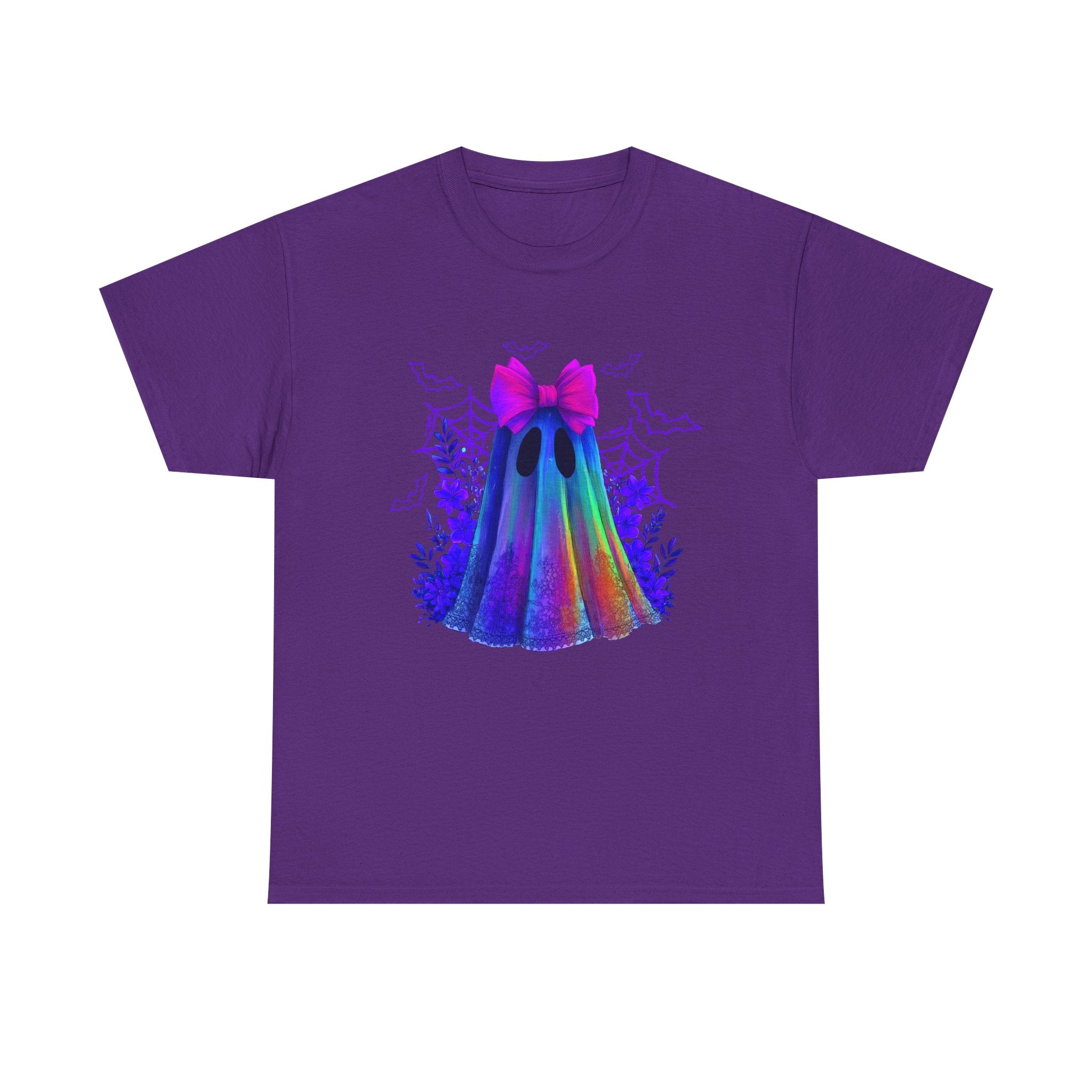 Neon Rainbow Ghost T-Shirt — Cute Halloween Spirit Tee with Pink Bow