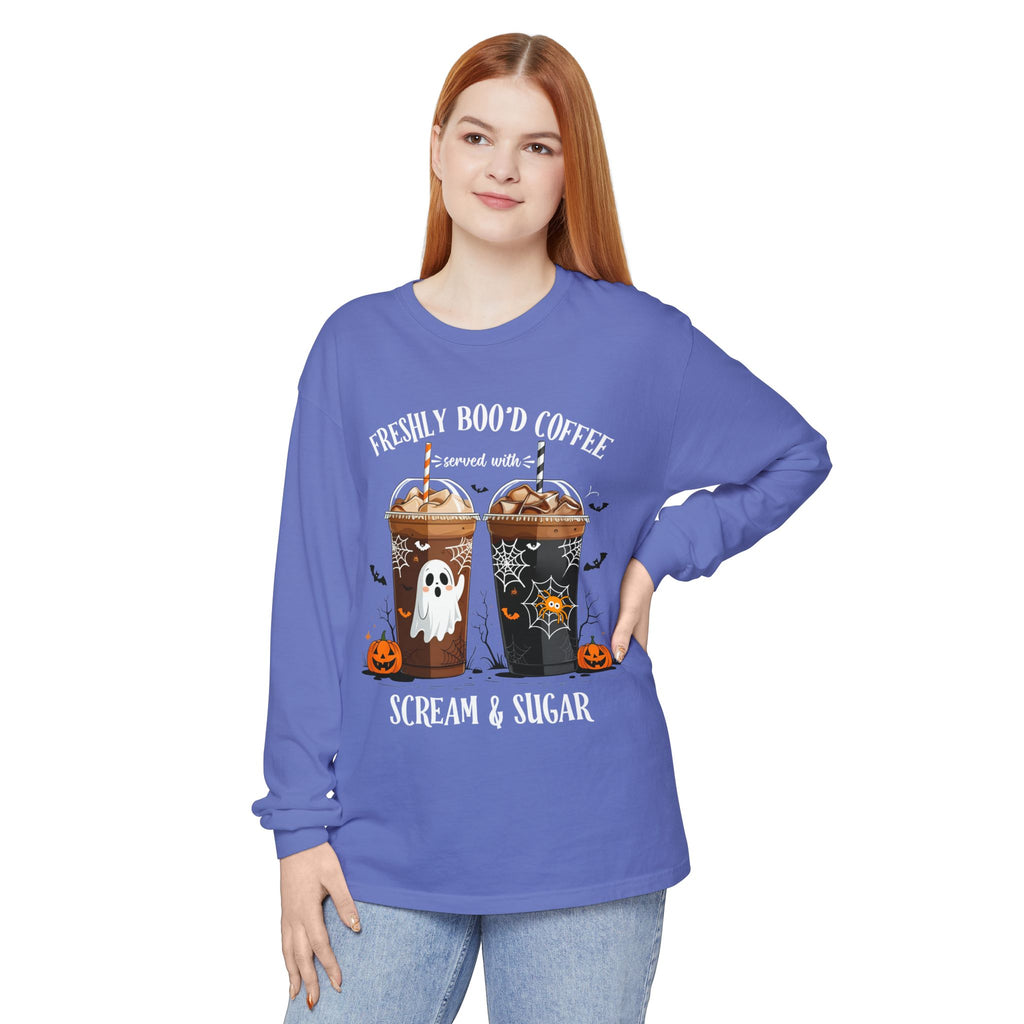 Halloween Coffee Long Sleeve Tee — "Freshly Boo'd Coffee, Scream & Sugar"